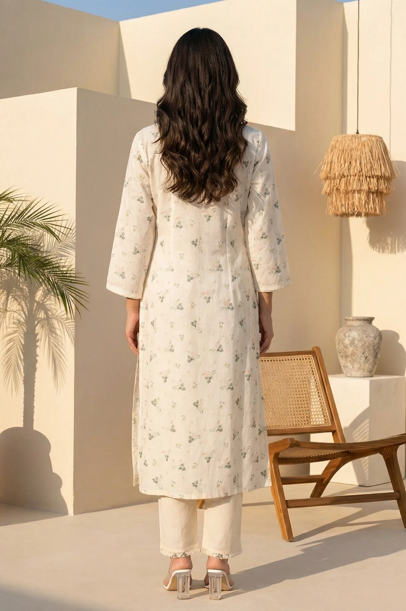 Off White Schiffly Schiffily Thread Work Pure Cotton Straight Kurta - Image 4