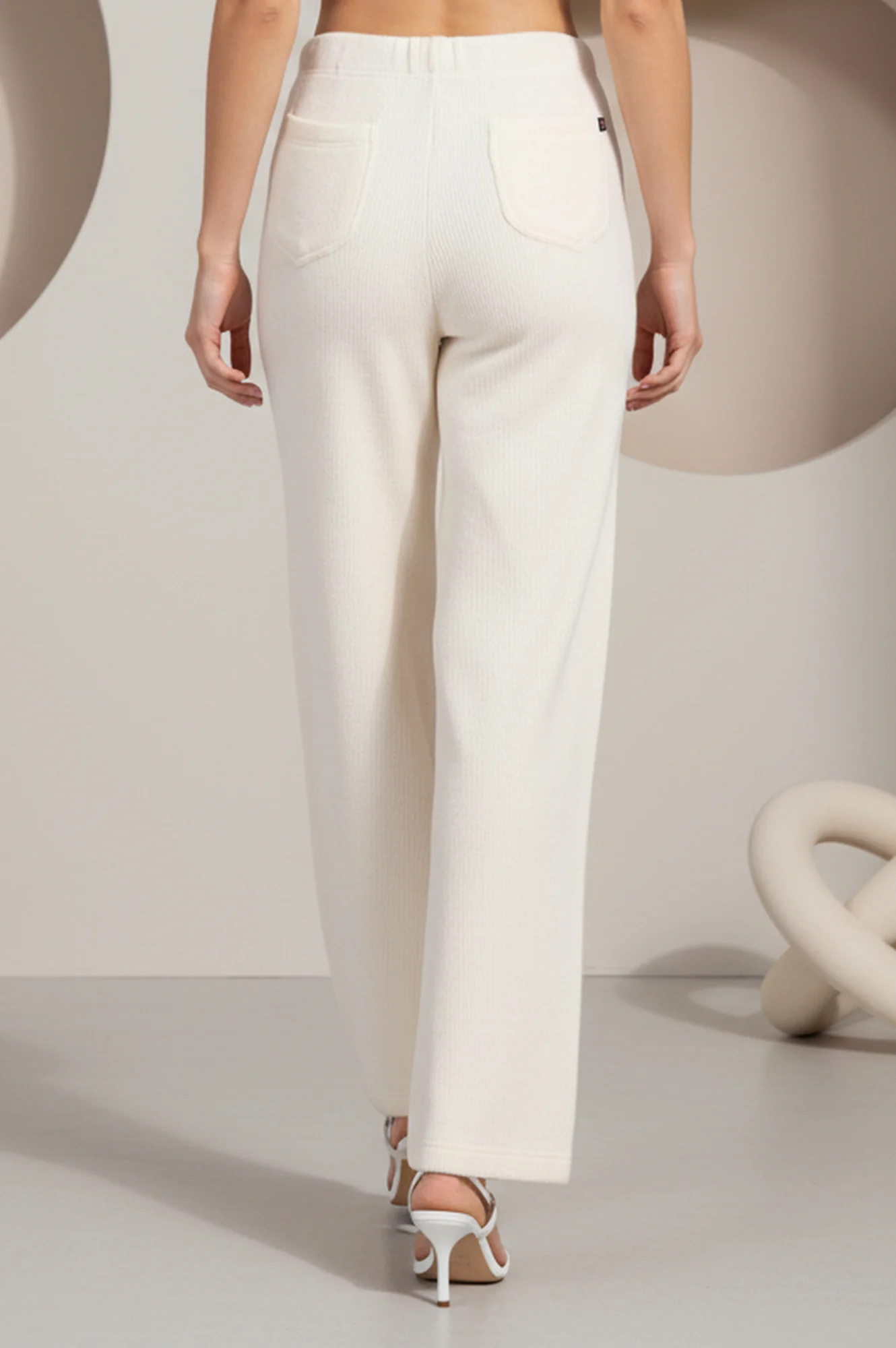 Elleven Women's Off White Solid Acrylic Wide Leg High Rise Palazzo - Image 4