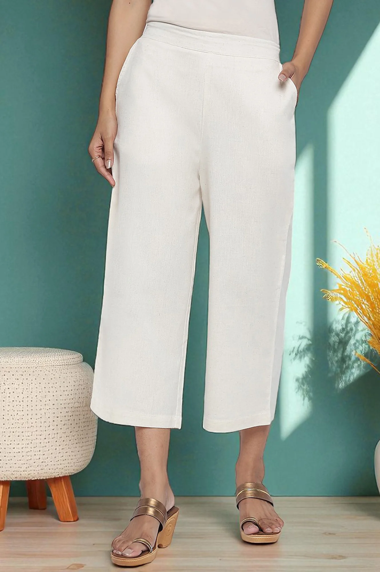 Elleven Women's Off White Solid Cotton Flax Culottes in Calf Length
