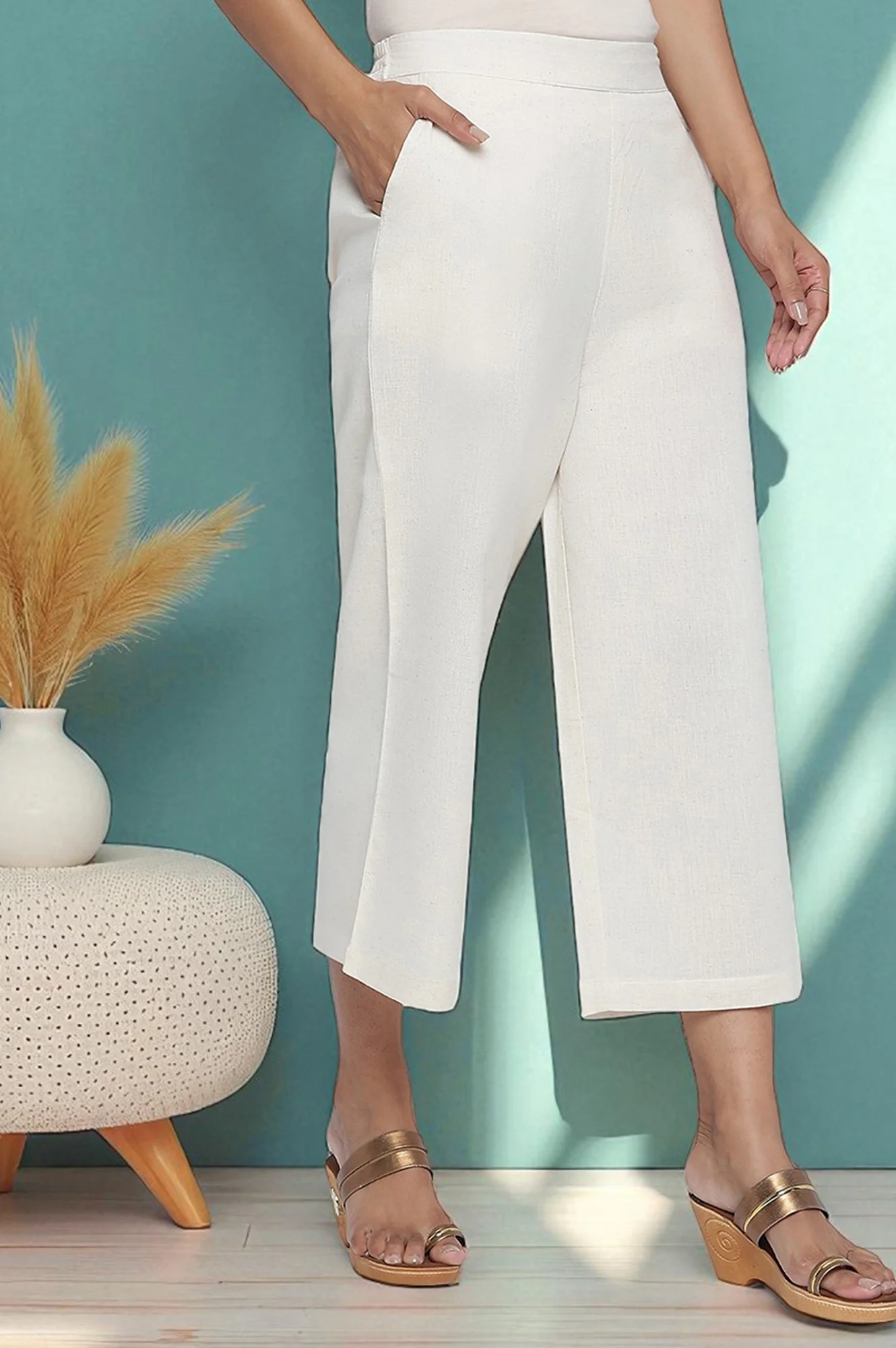 Elleven Women's Off White Solid Cotton Flax Culottes in Calf Length - Image 3