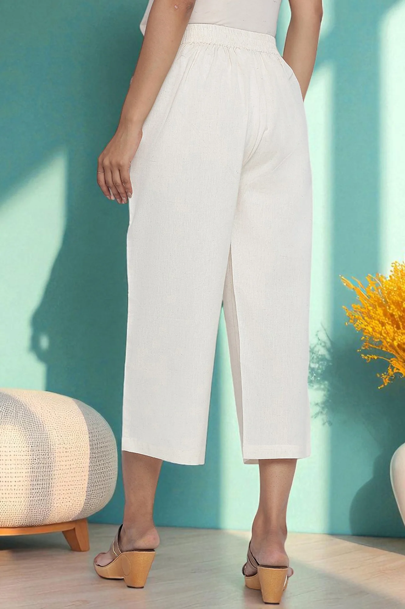 Elleven Women's Off White Solid Cotton Flax Culottes in Calf Length - Image 4