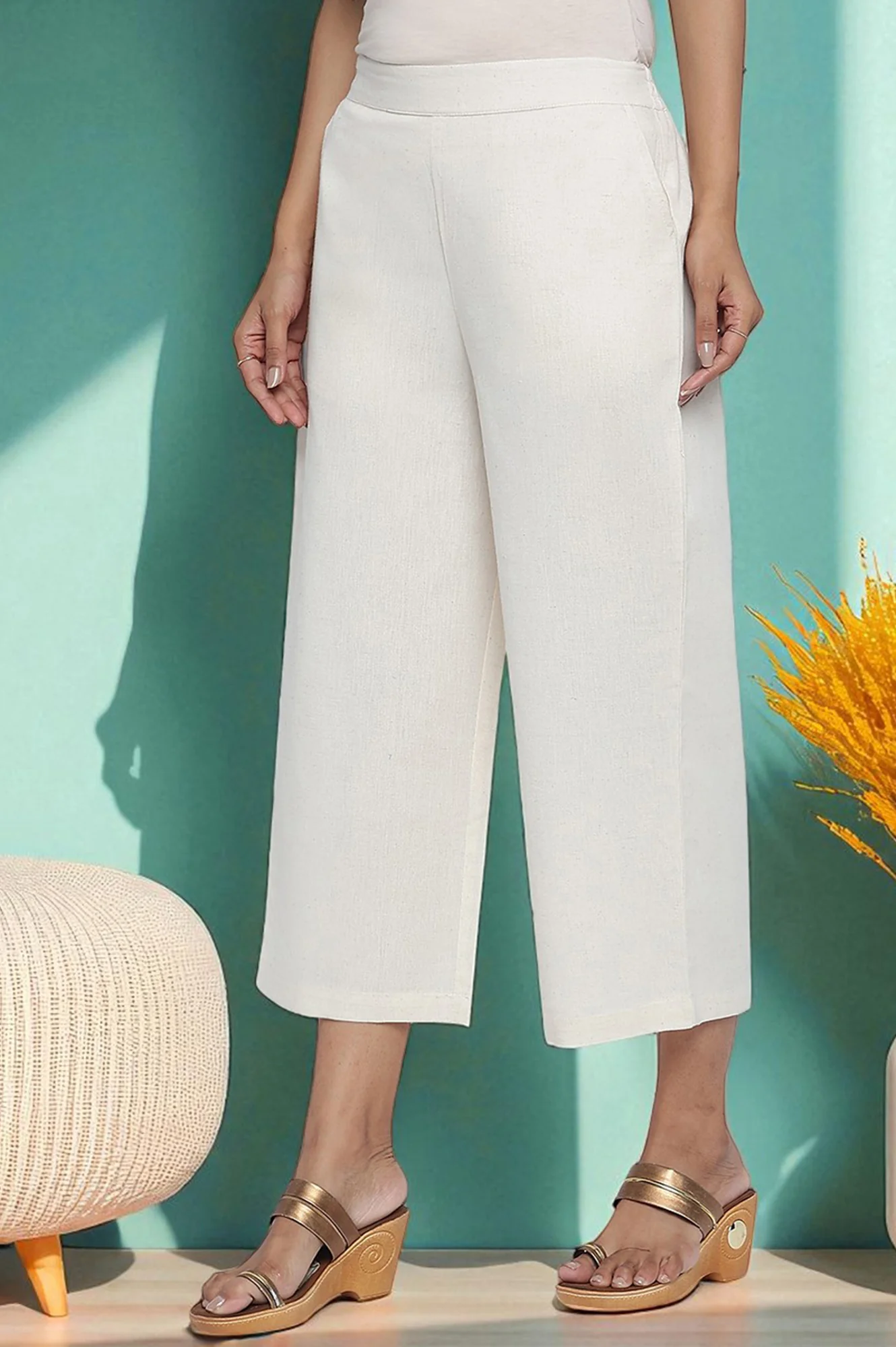 Elleven Women's Off White Solid Cotton Flax Culottes in Calf Length - Image 5