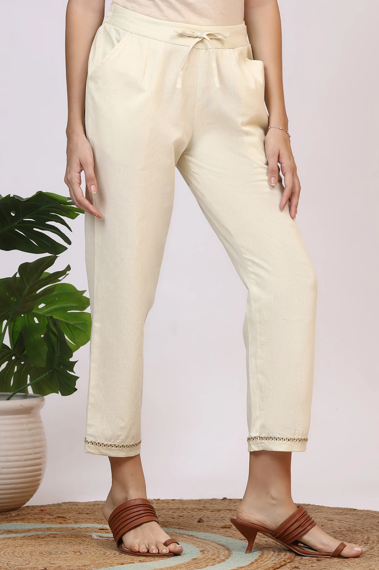 Off-White Solid Cotton Flax Straight Pants with Embroidered Hemline - Image 5