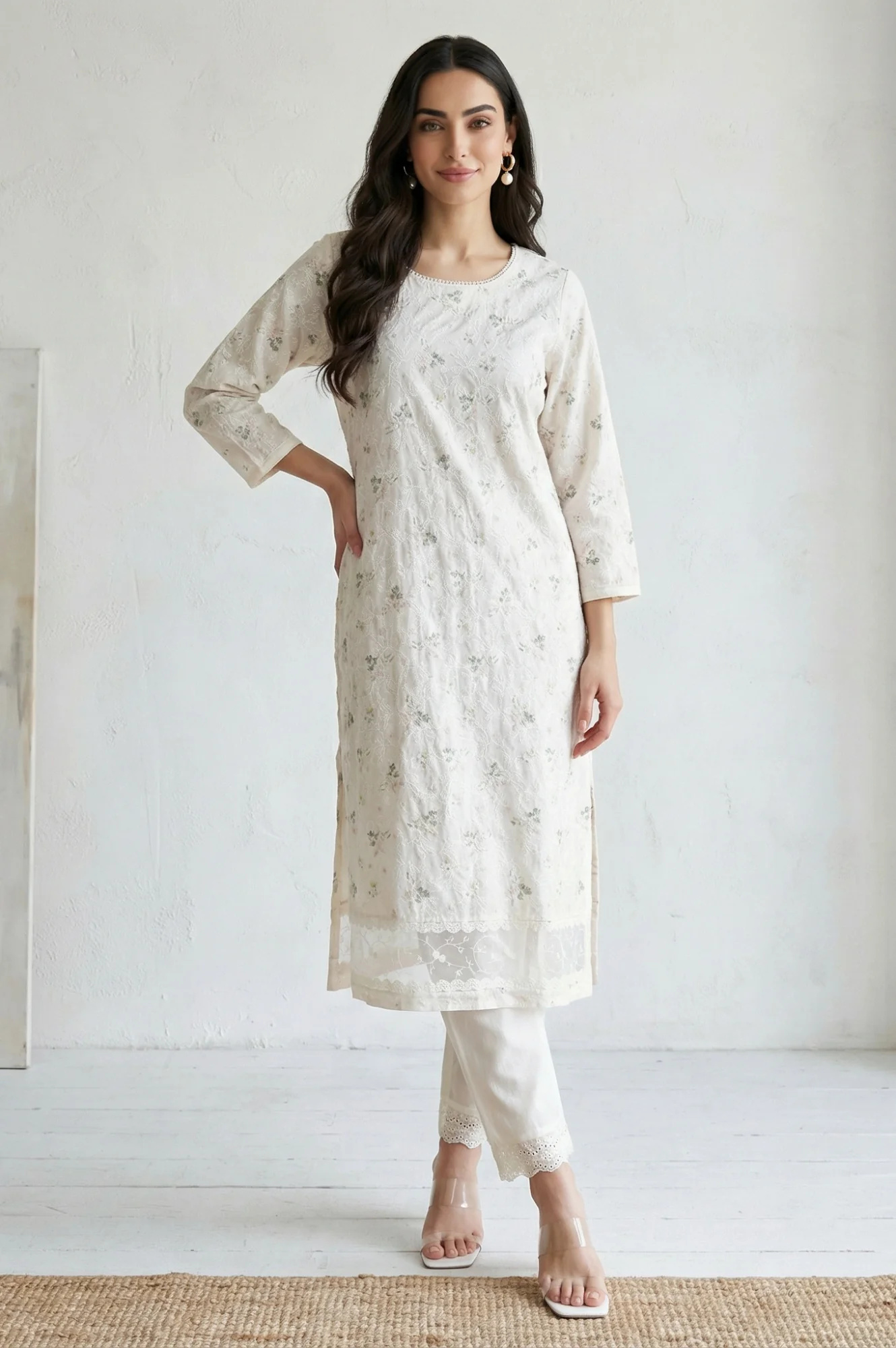 Off-White Solid Lace Pure Cotton Ankle Length Straight Pants - Image 2