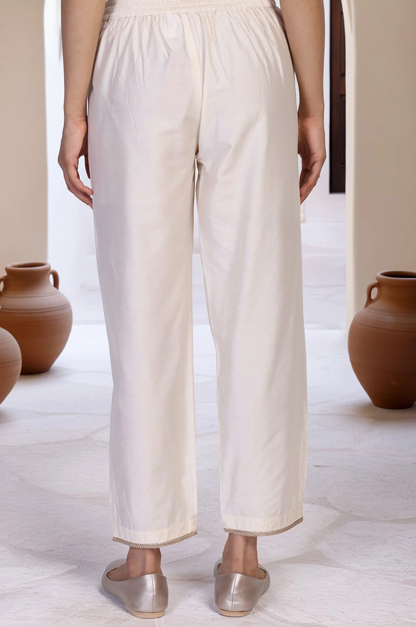 Off White Solid Tape Straight Rayon Pant - Image 4