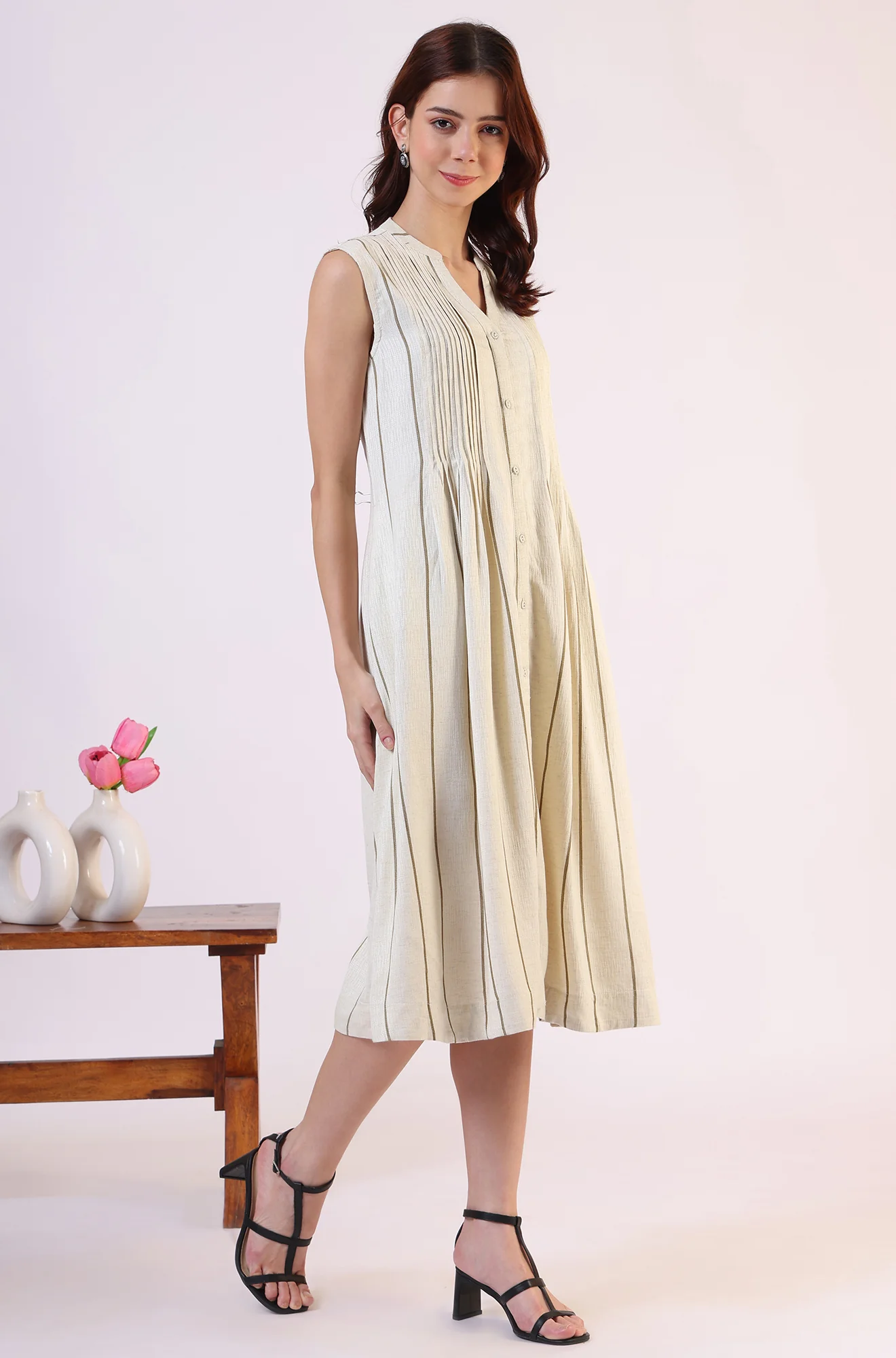 Off -White Striped Cotton Blend Flared Western Dress - Image 7