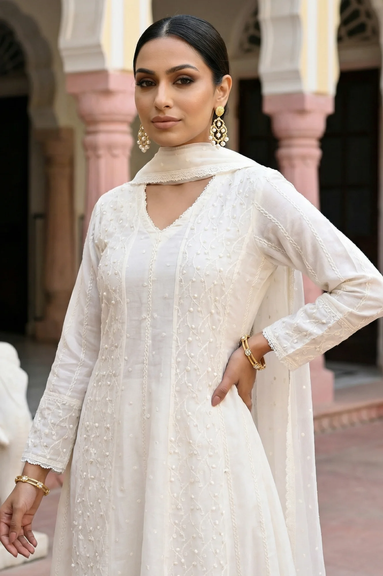 Off White Thread Embroidered Anarkali Kurta with Churidar and Dupatta Set - Image 3