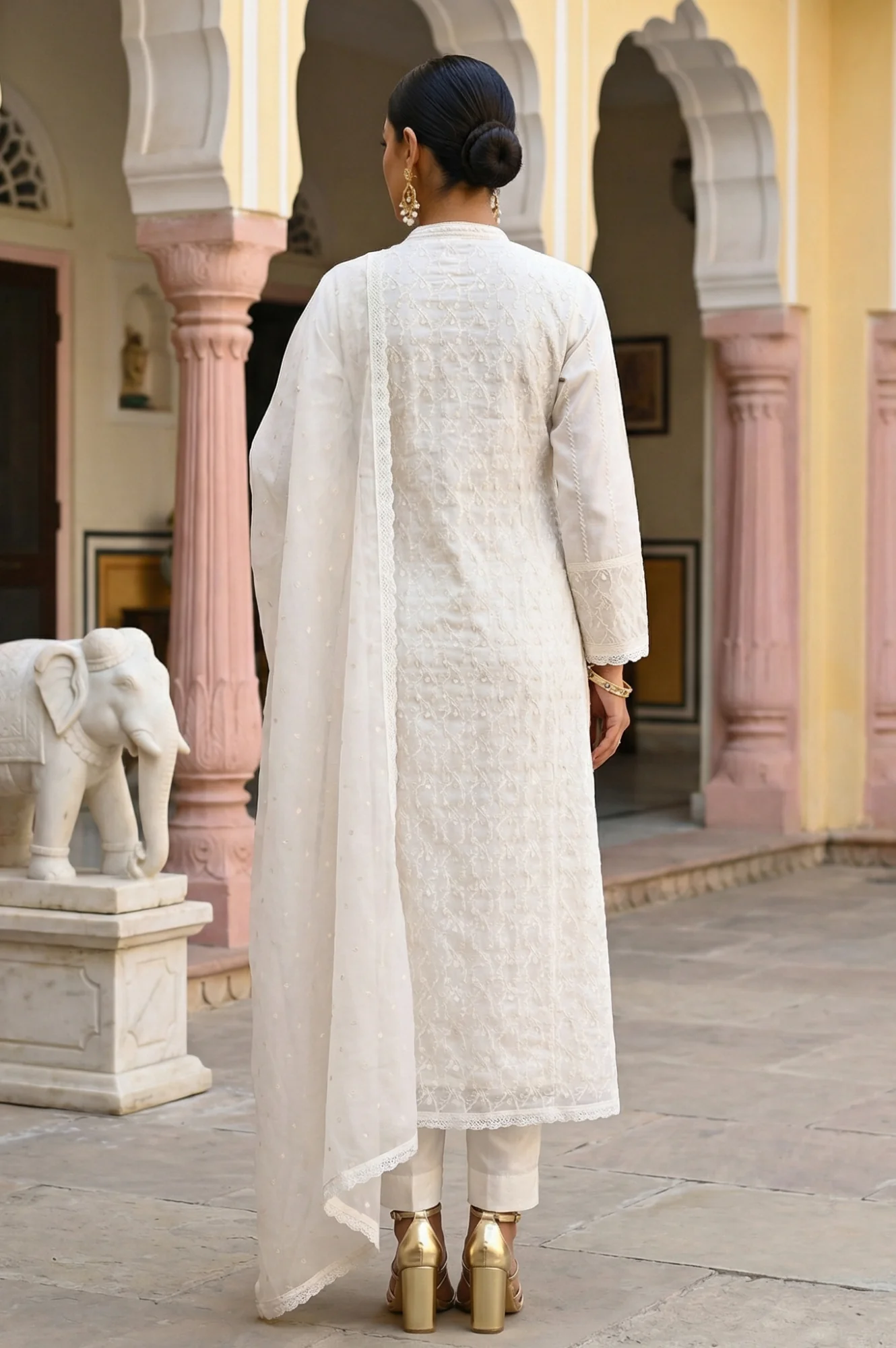 Off White Thread Embroidered Anarkali Kurta with Churidar and Dupatta Set - Image 5