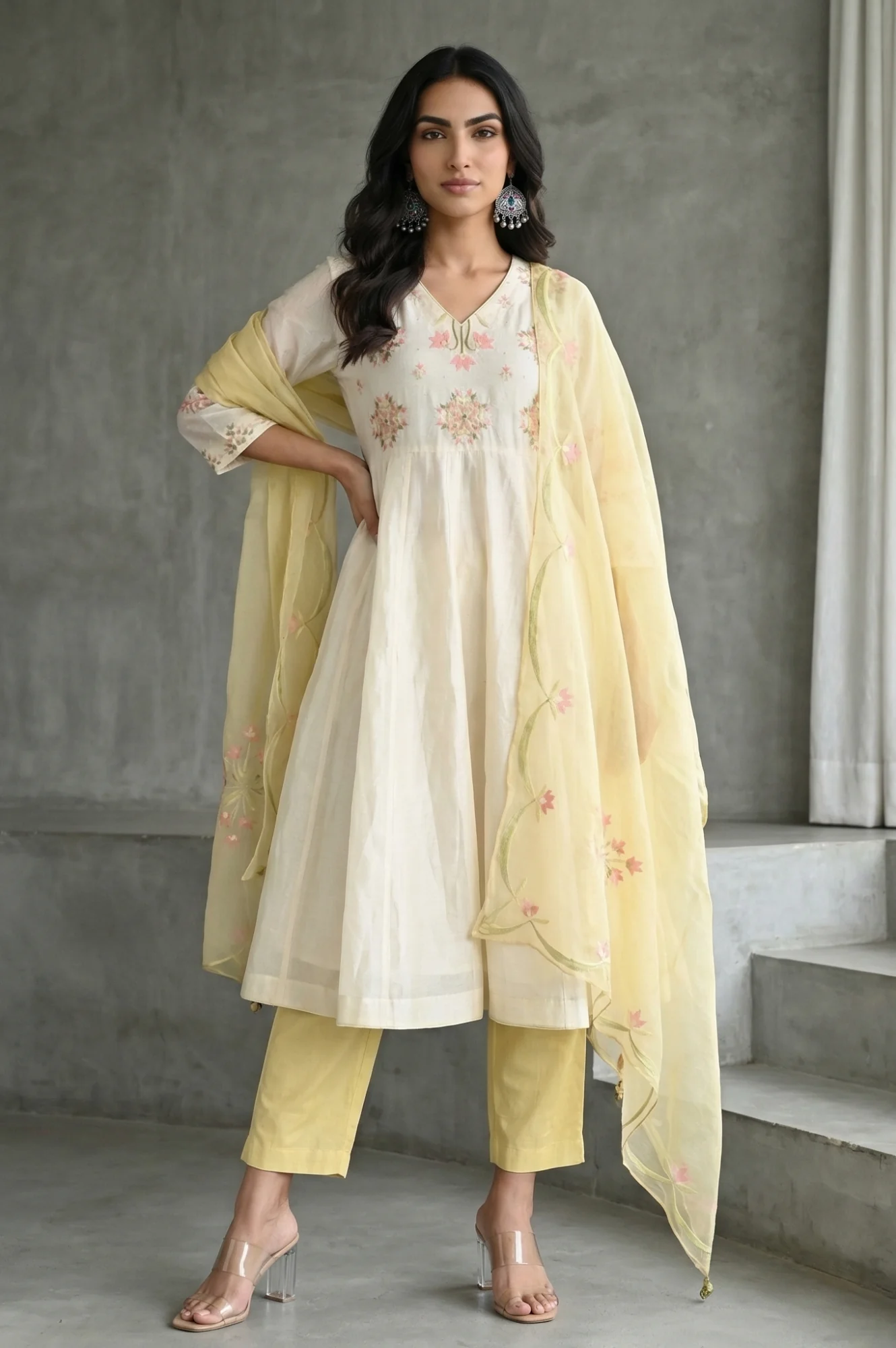 Off White Thread Embroidered Cotton Silk Anarkali Kurta with Pants and Dupatta Set