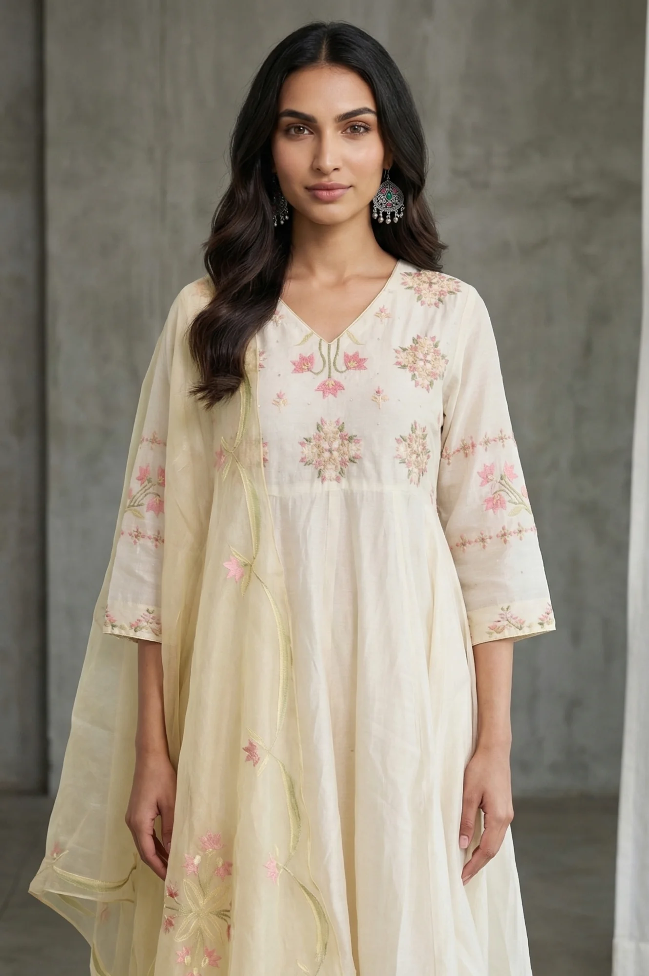 Off White Thread Embroidered Cotton Silk Anarkali Kurta with Pants and Dupatta Set - Image 2