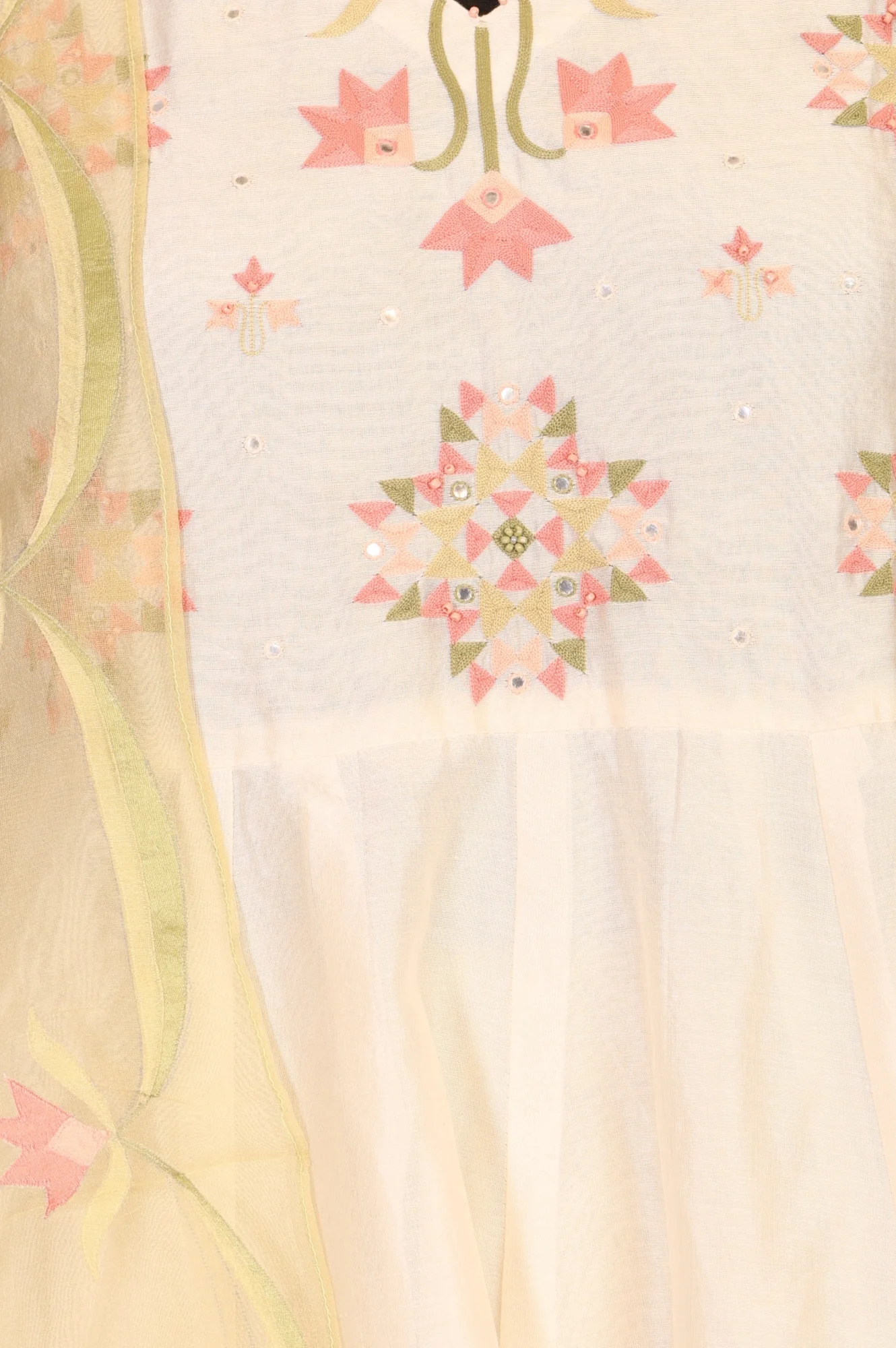 Off White Thread Embroidered Cotton Silk Anarkali Kurta with Pants and Dupatta Set - Image 3