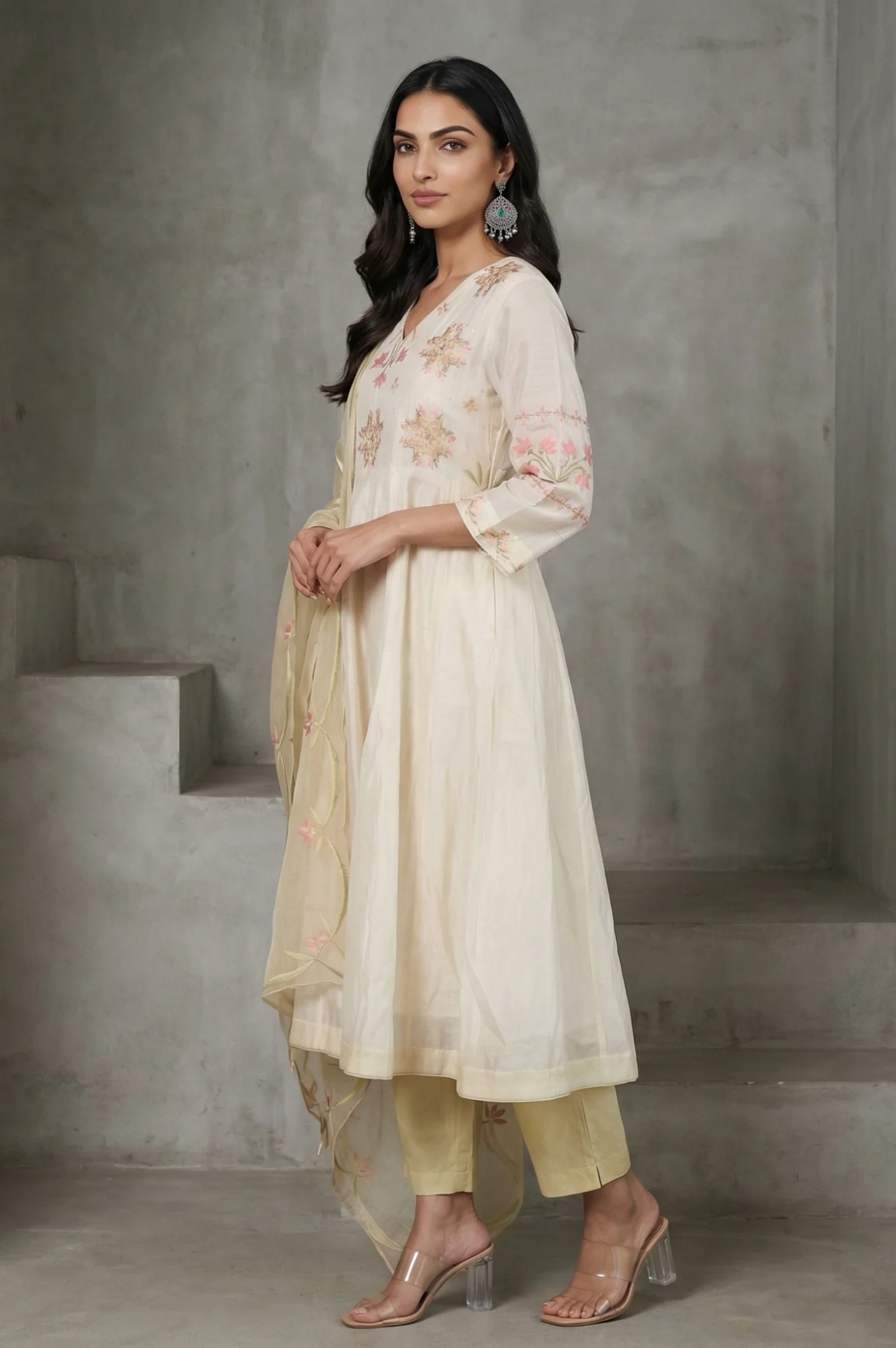 Off White Thread Embroidered Cotton Silk Anarkali Kurta with Pants and Dupatta Set - Image 4