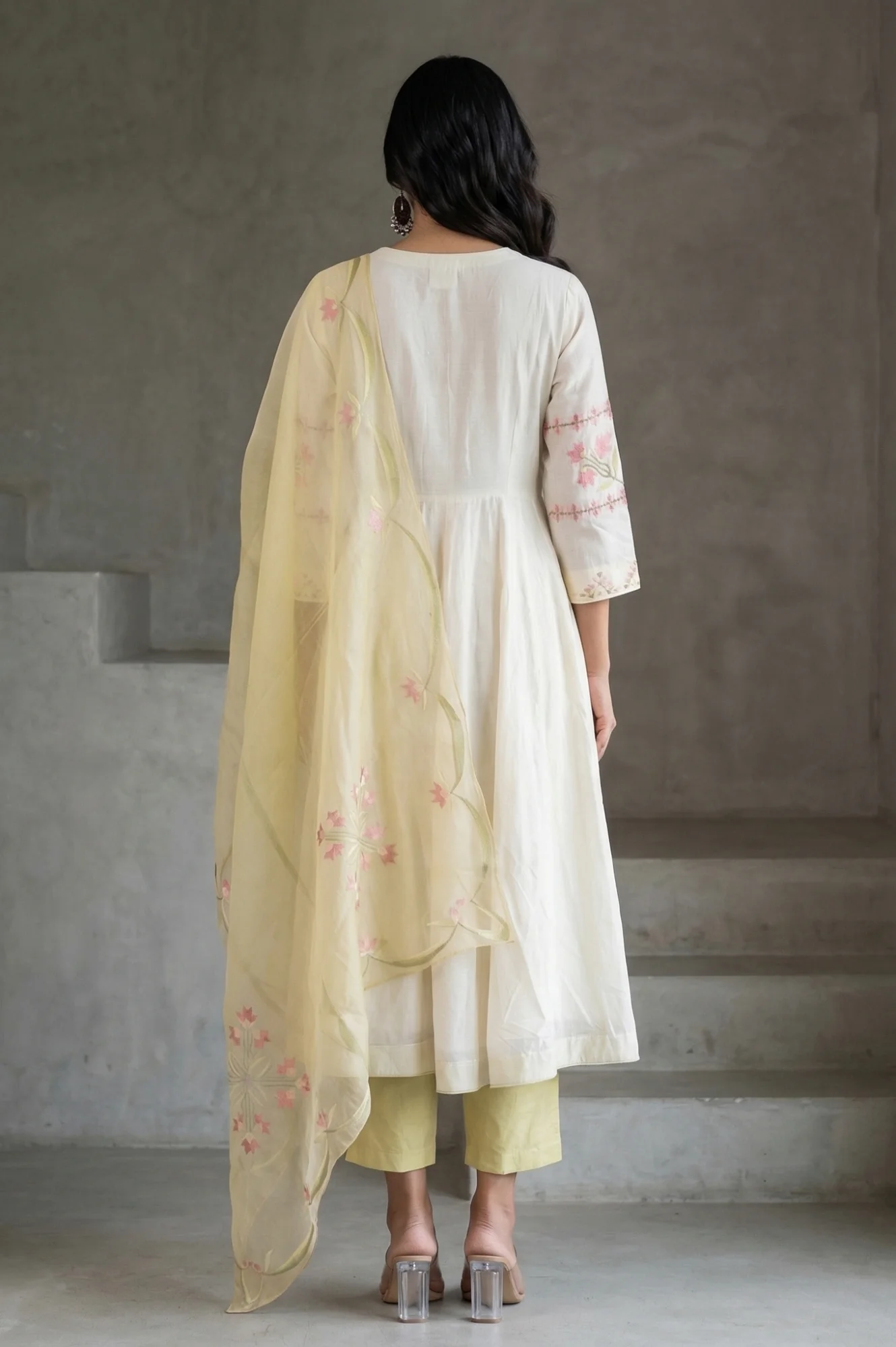 Off White Thread Embroidered Cotton Silk Anarkali Kurta with Pants and Dupatta Set - Image 5