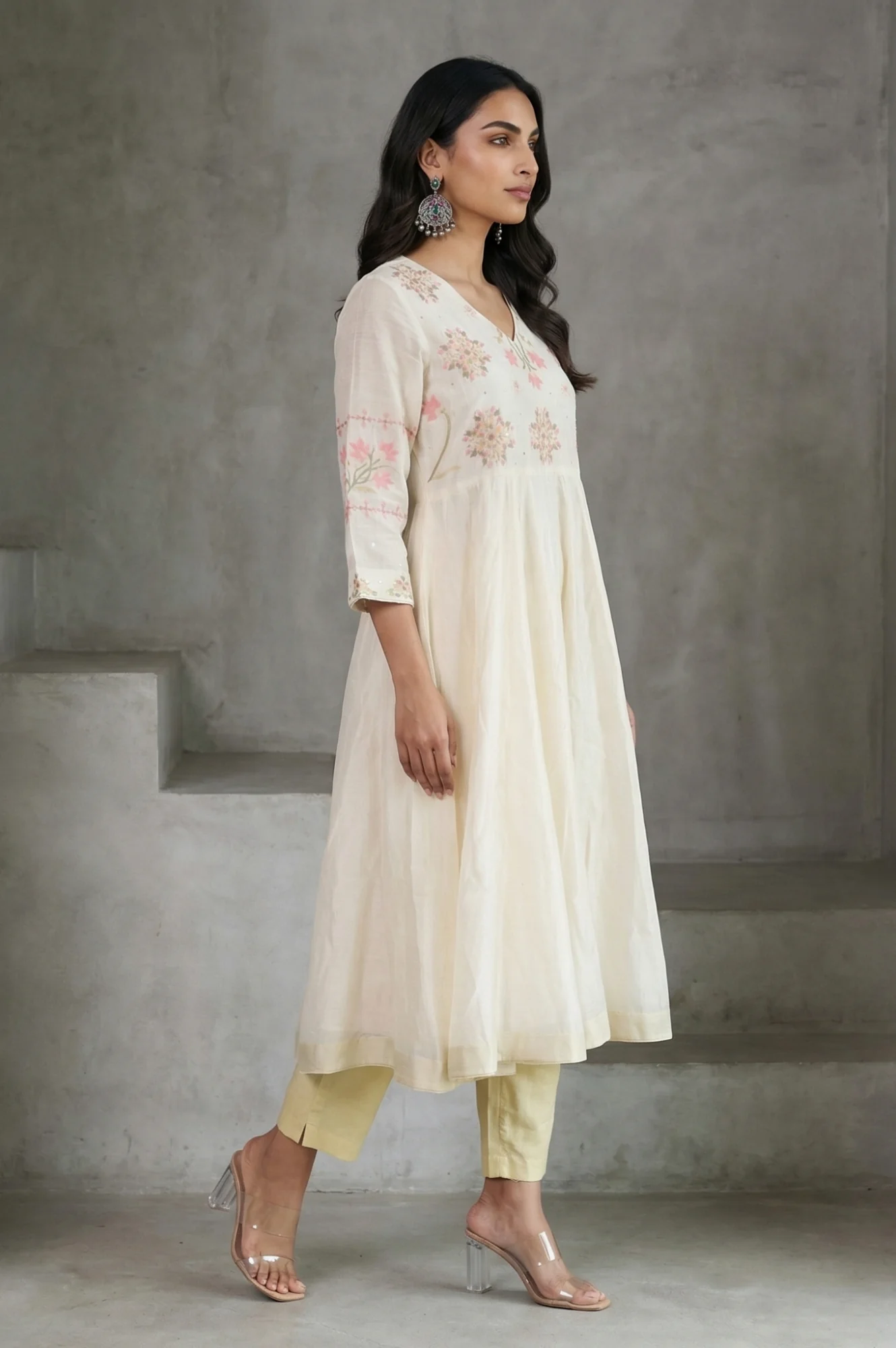 Off White Thread Embroidered Cotton Silk Anarkali Kurta with Pants and Dupatta Set - Image 6