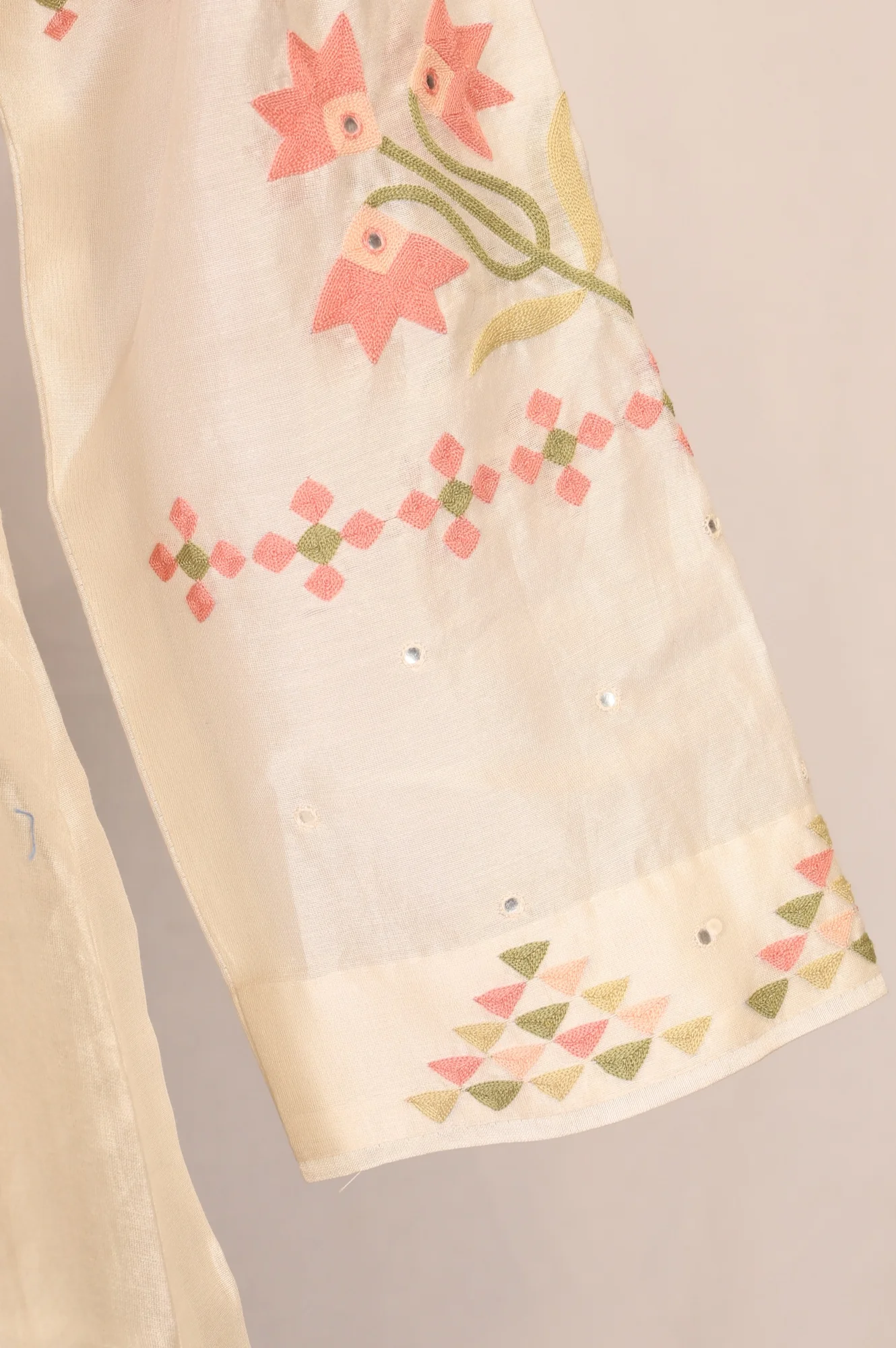 Off White Thread Embroidered Cotton Silk Anarkali Kurta with Pants and Dupatta Set - Image 7