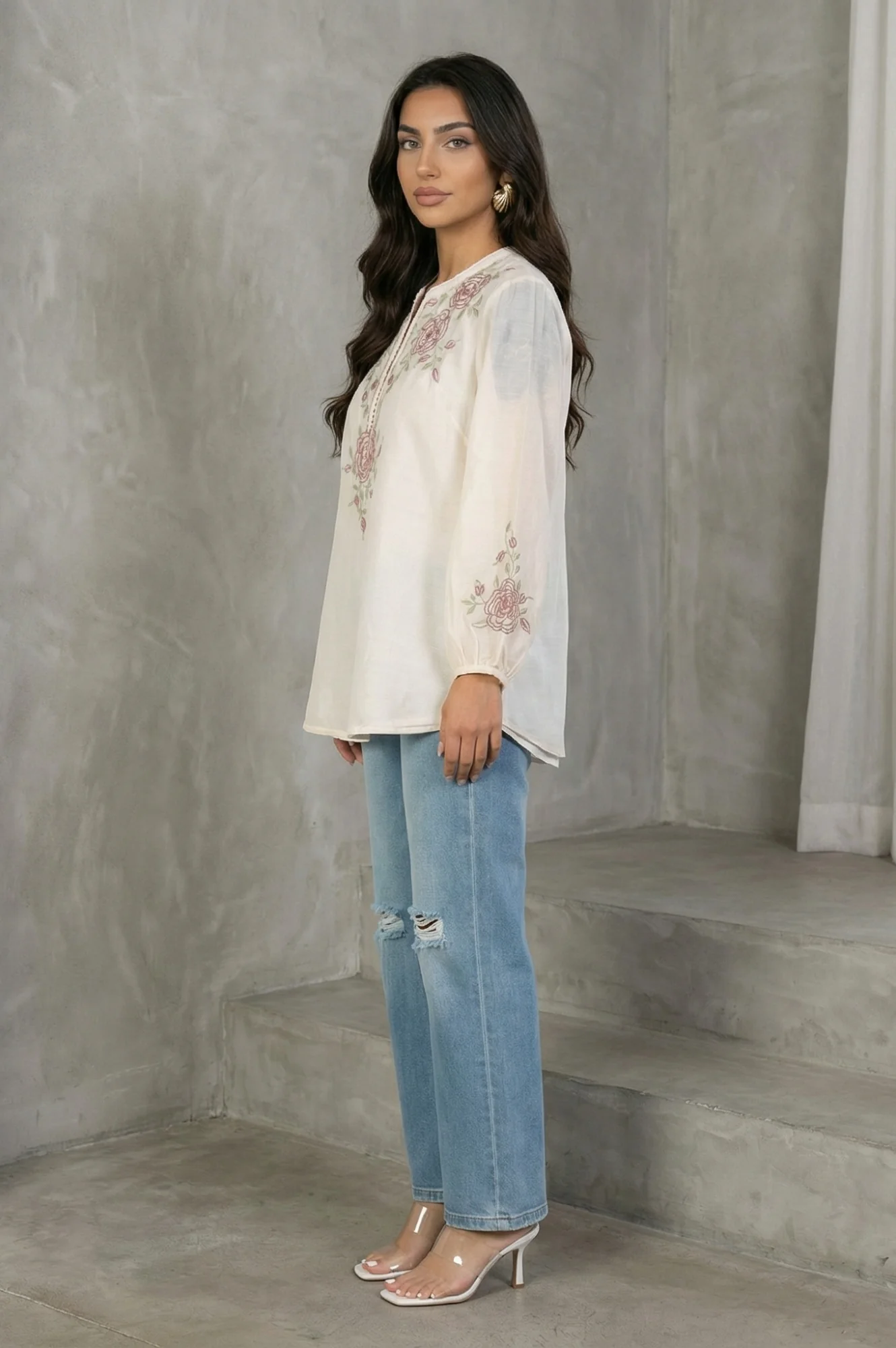 Off White Thread Embroidered New Cotton Silk A-line Top - Image 5