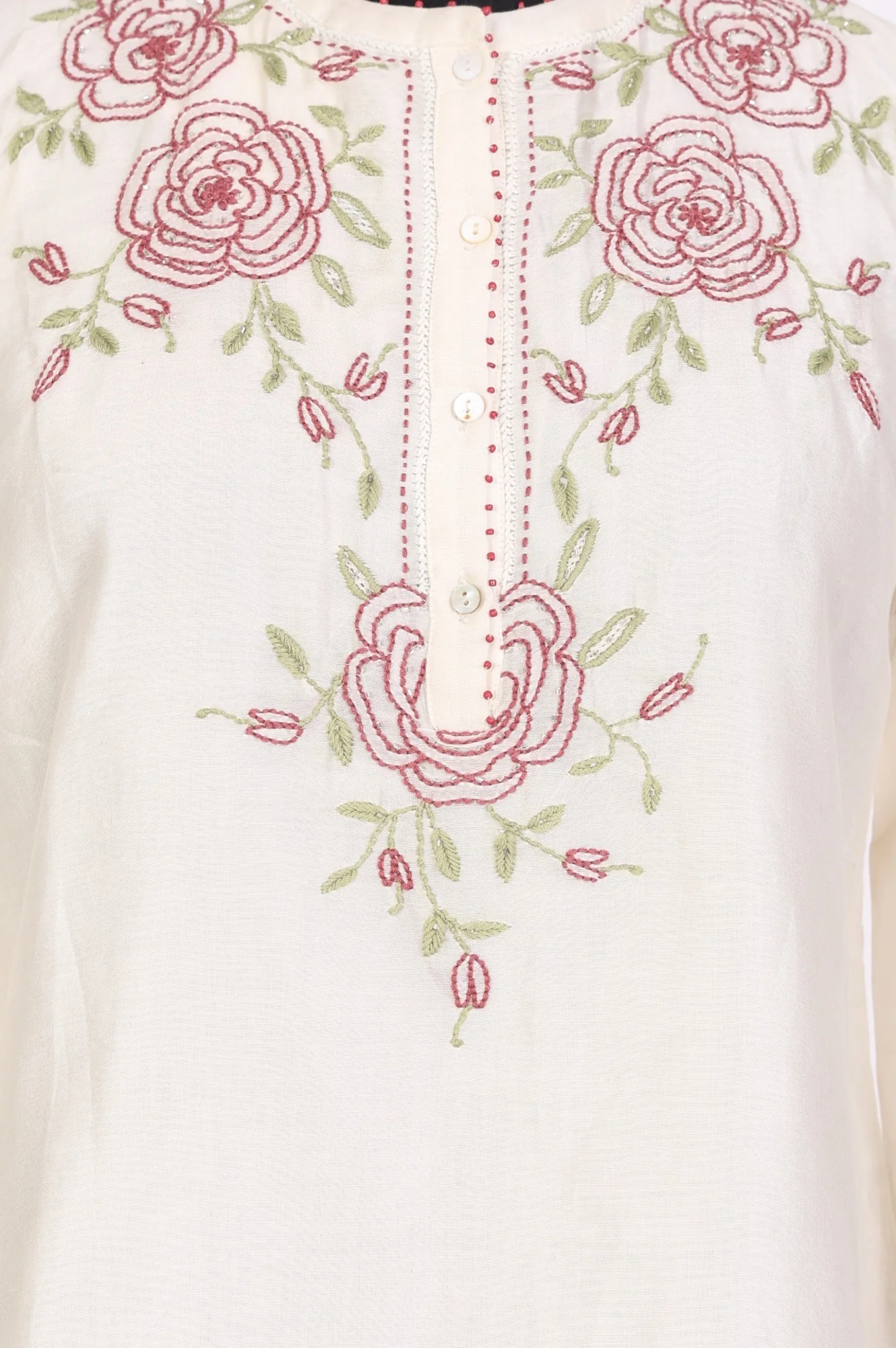 Off White Thread Embroidered New Cotton Silk A-line Top - Image 6