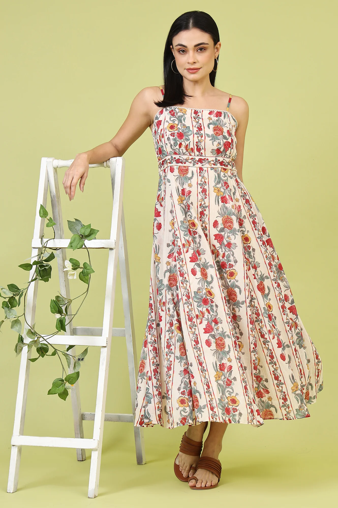 Off-White Vibrant Floral Printed Pure Cotton Flared Spaghetti Dress - Image 2