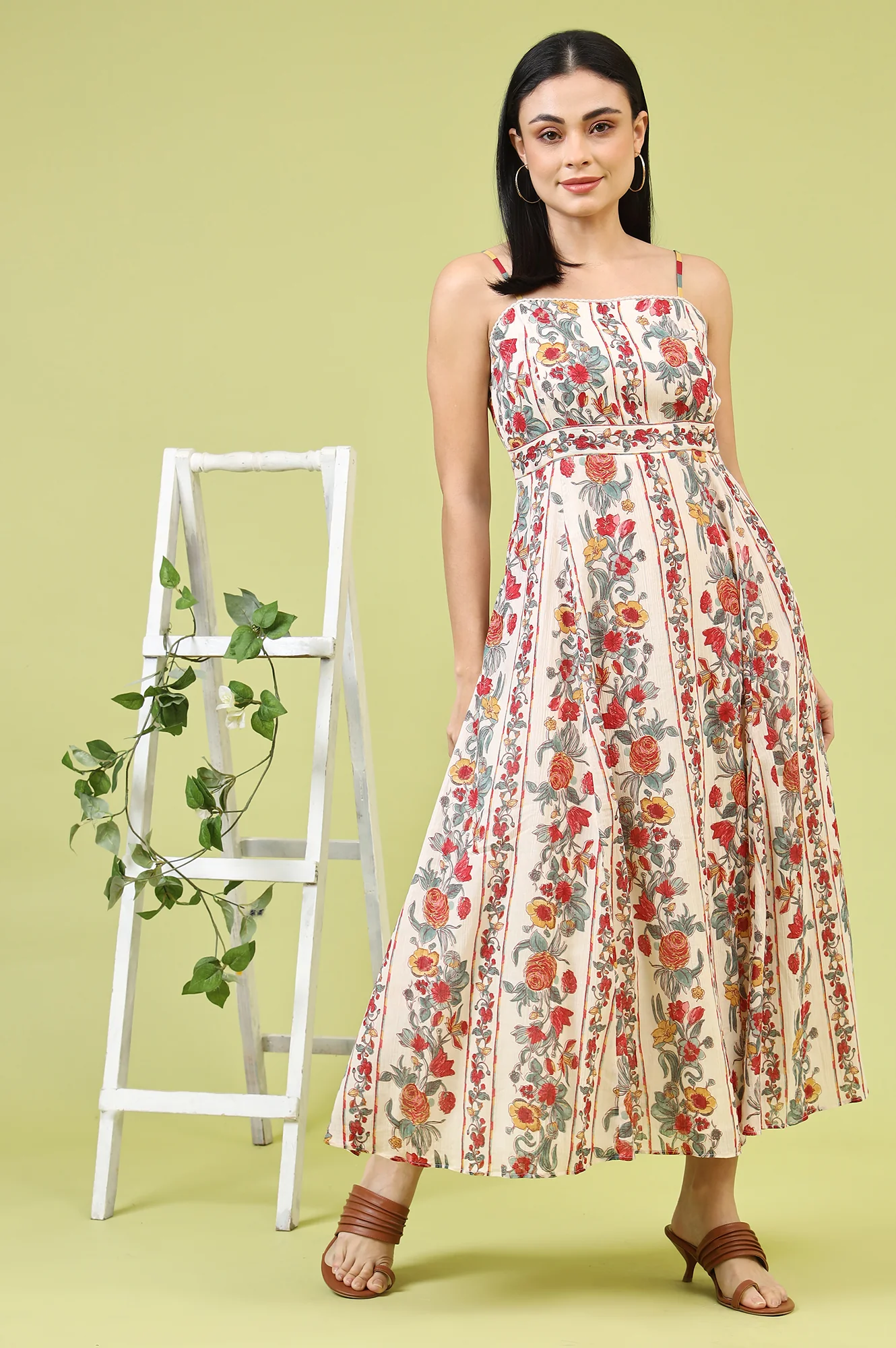 Off-White Vibrant Floral Printed Pure Cotton Flared Spaghetti Dress - Image 3