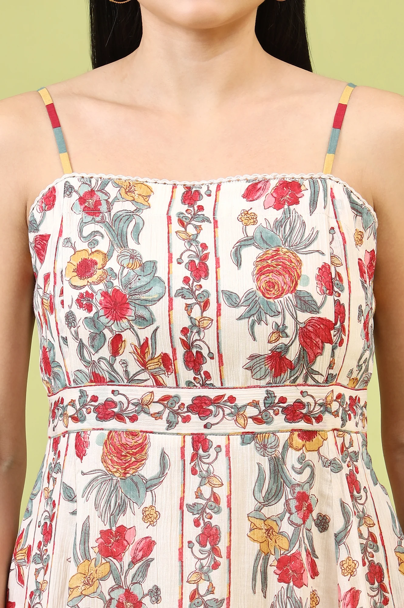 Off-White Vibrant Floral Printed Pure Cotton Flared Spaghetti Dress - Image 4