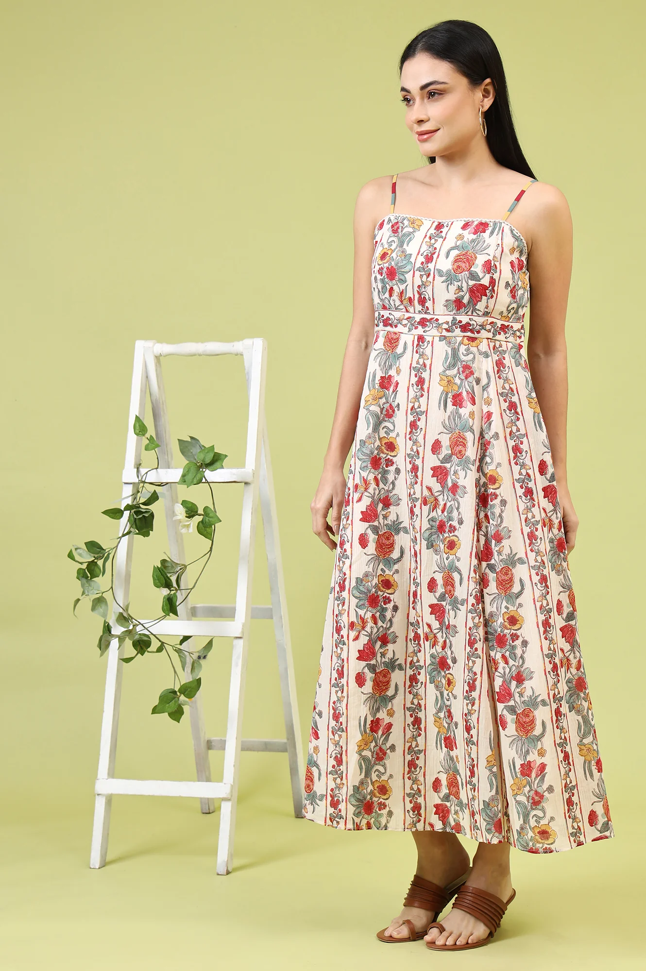 Off-White Vibrant Floral Printed Pure Cotton Flared Spaghetti Dress - Image 5