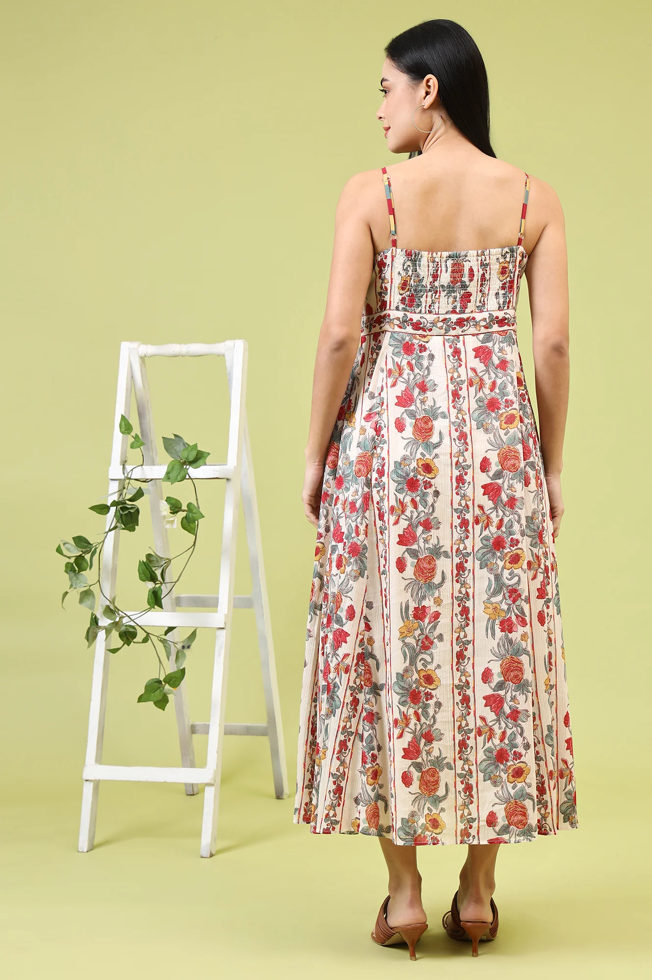 Off-White Vibrant Floral Printed Pure Cotton Flared Spaghetti Dress - Image 6