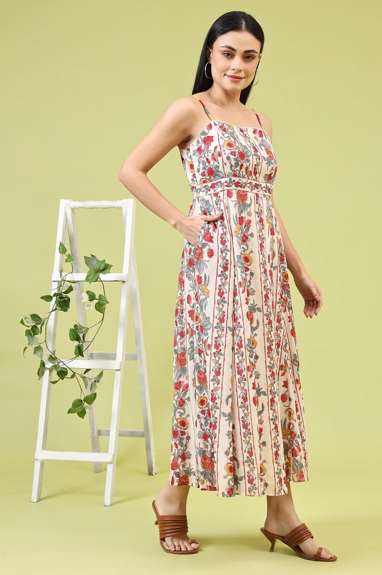 Off-White Vibrant Floral Printed Pure Cotton Flared Spaghetti Dress - Image 7