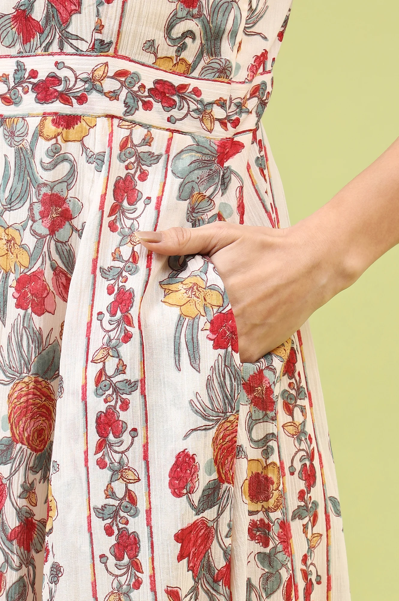 Off-White Vibrant Floral Printed Pure Cotton Flared Spaghetti Dress - Image 8
