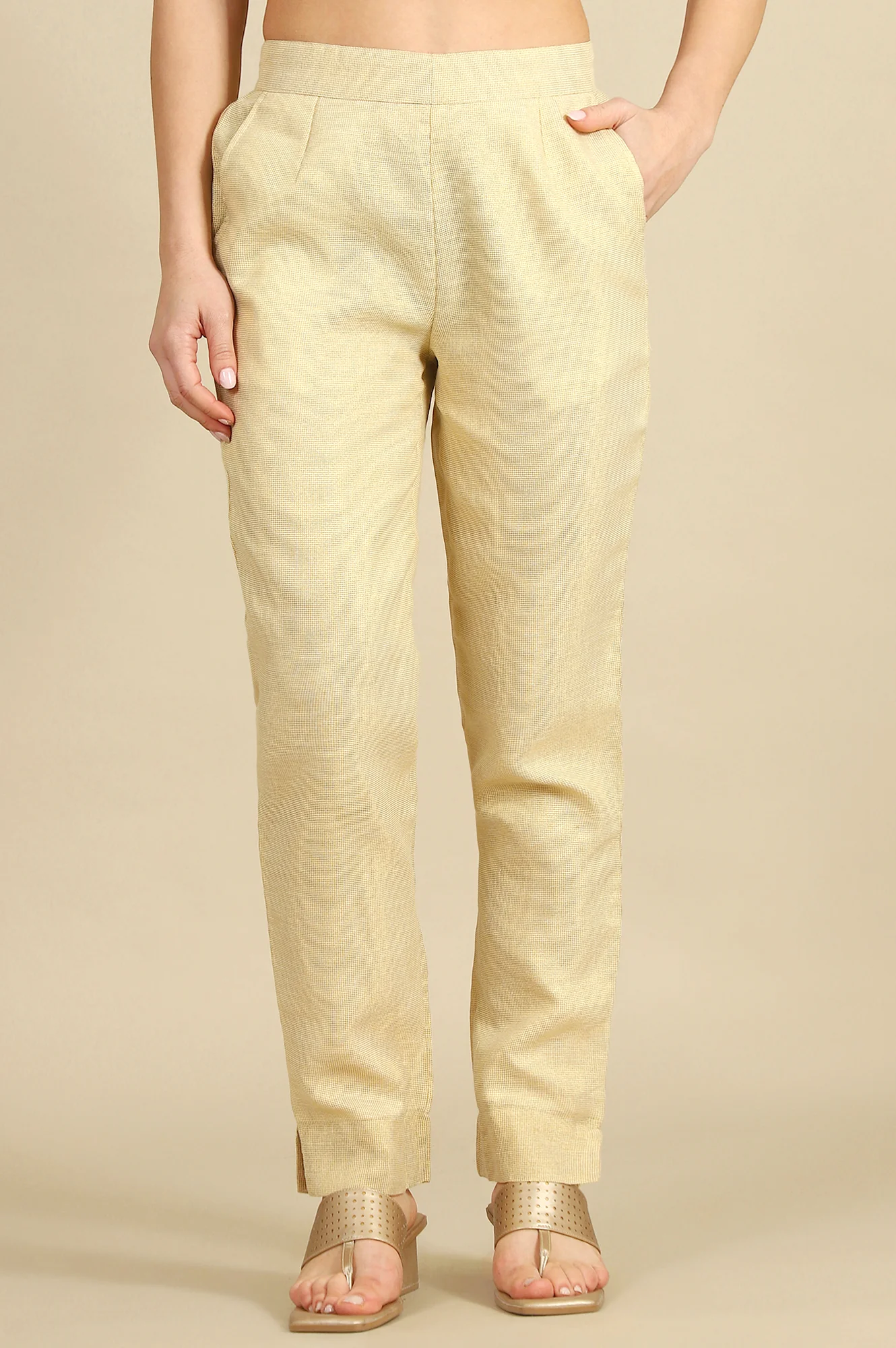 Elleven Women's Off White Yarn Dyed Straight Fit Cotton Blend Trousers With Zari Detailing - Image 2