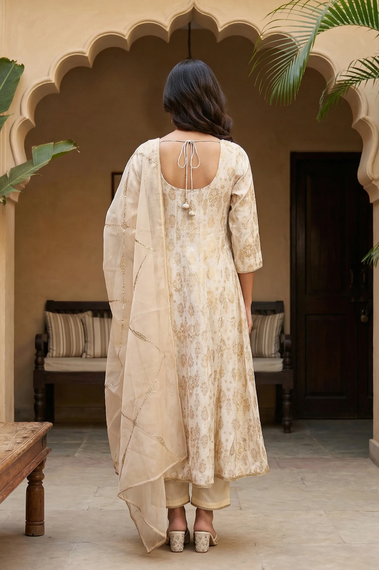 Off White Zari Work Jacquard Anarkali Kurta with Straight Pants and Dupatta Set - Image 3