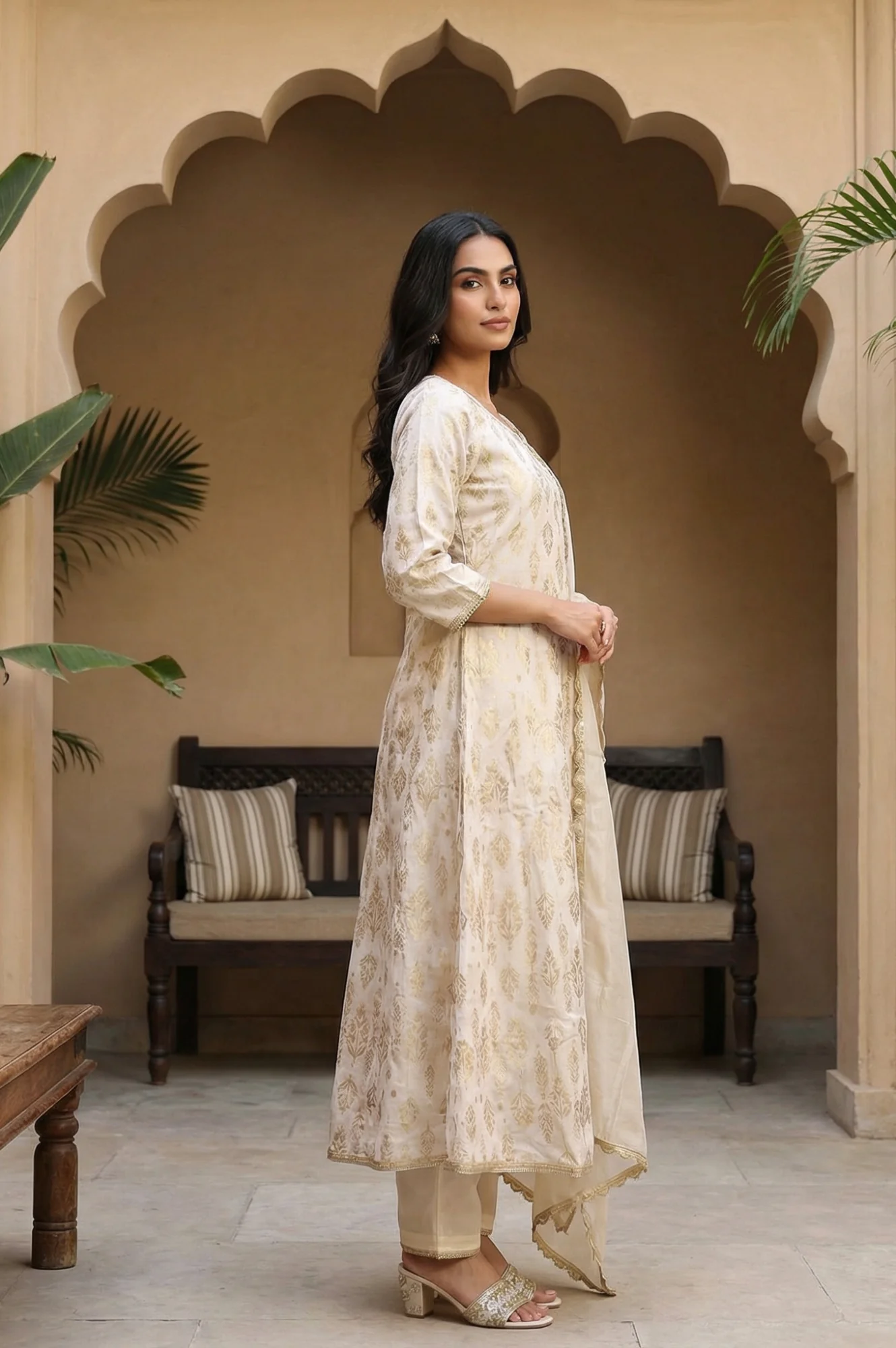 Off White Zari Work Jacquard Anarkali Kurta with Straight Pants and Dupatta Set - Image 4