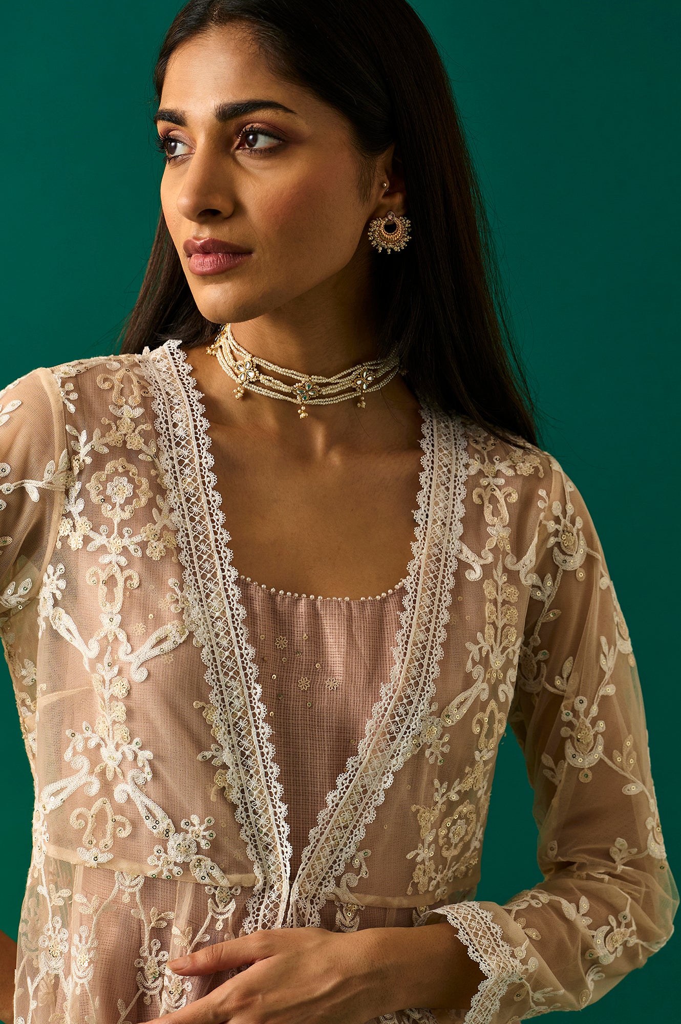 Old Rose Sequin Embroidered Mesh Jacket and Dress Set - Image 2