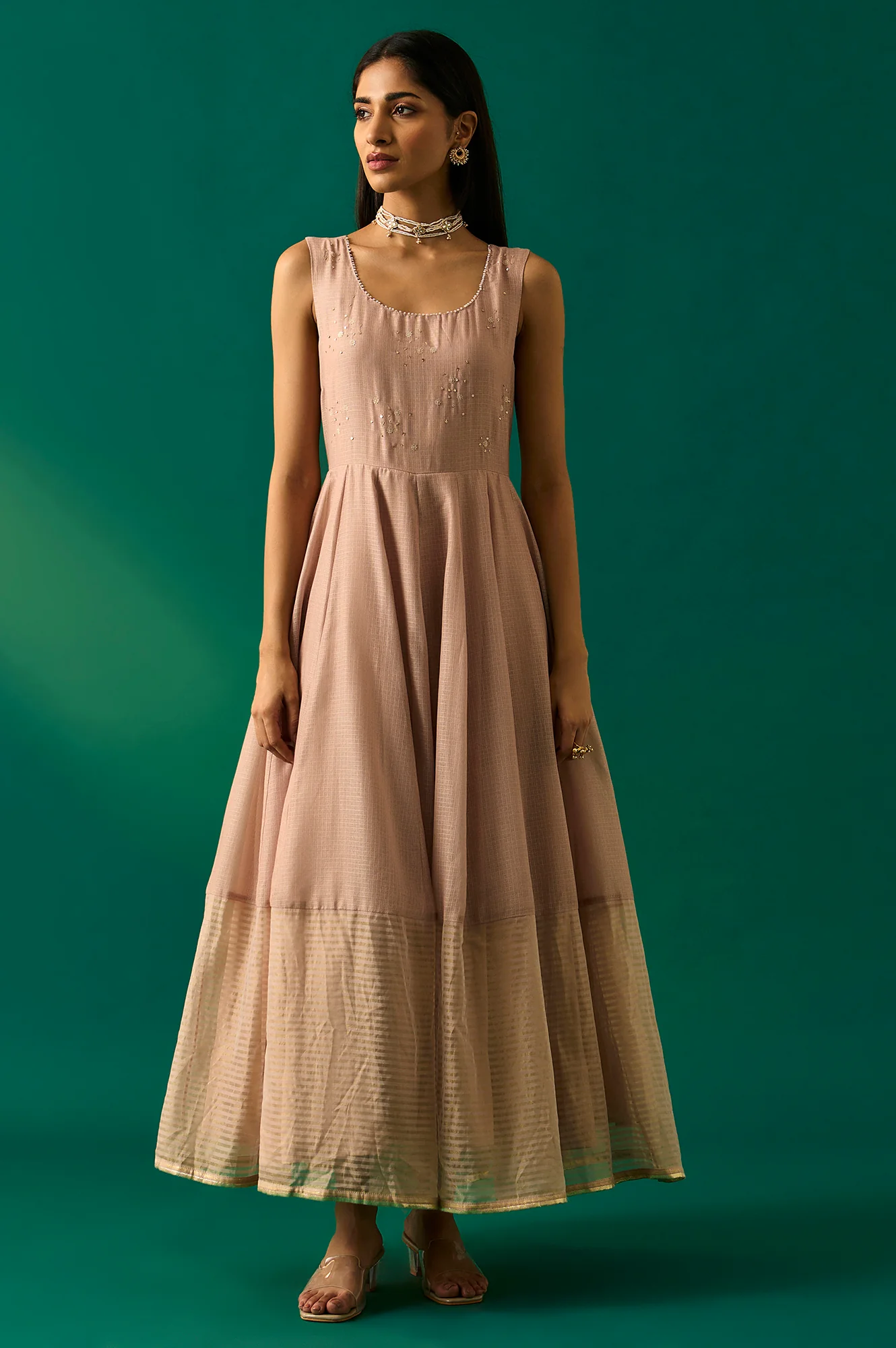 Old Rose Sequin Embroidered Mesh Jacket and Dress Set - Image 3
