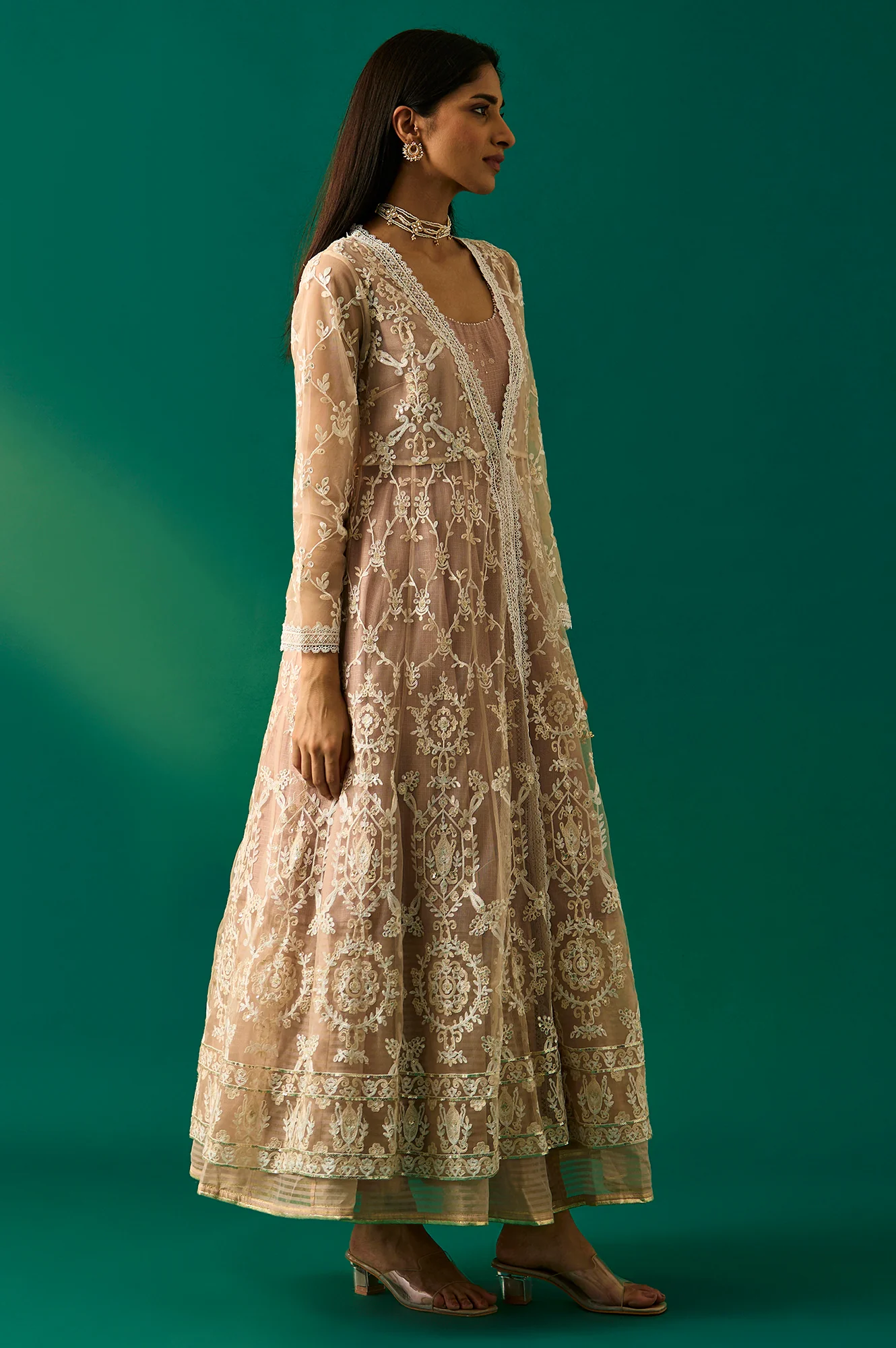 Old Rose Sequin Embroidered Mesh Jacket and Dress Set - Image 4