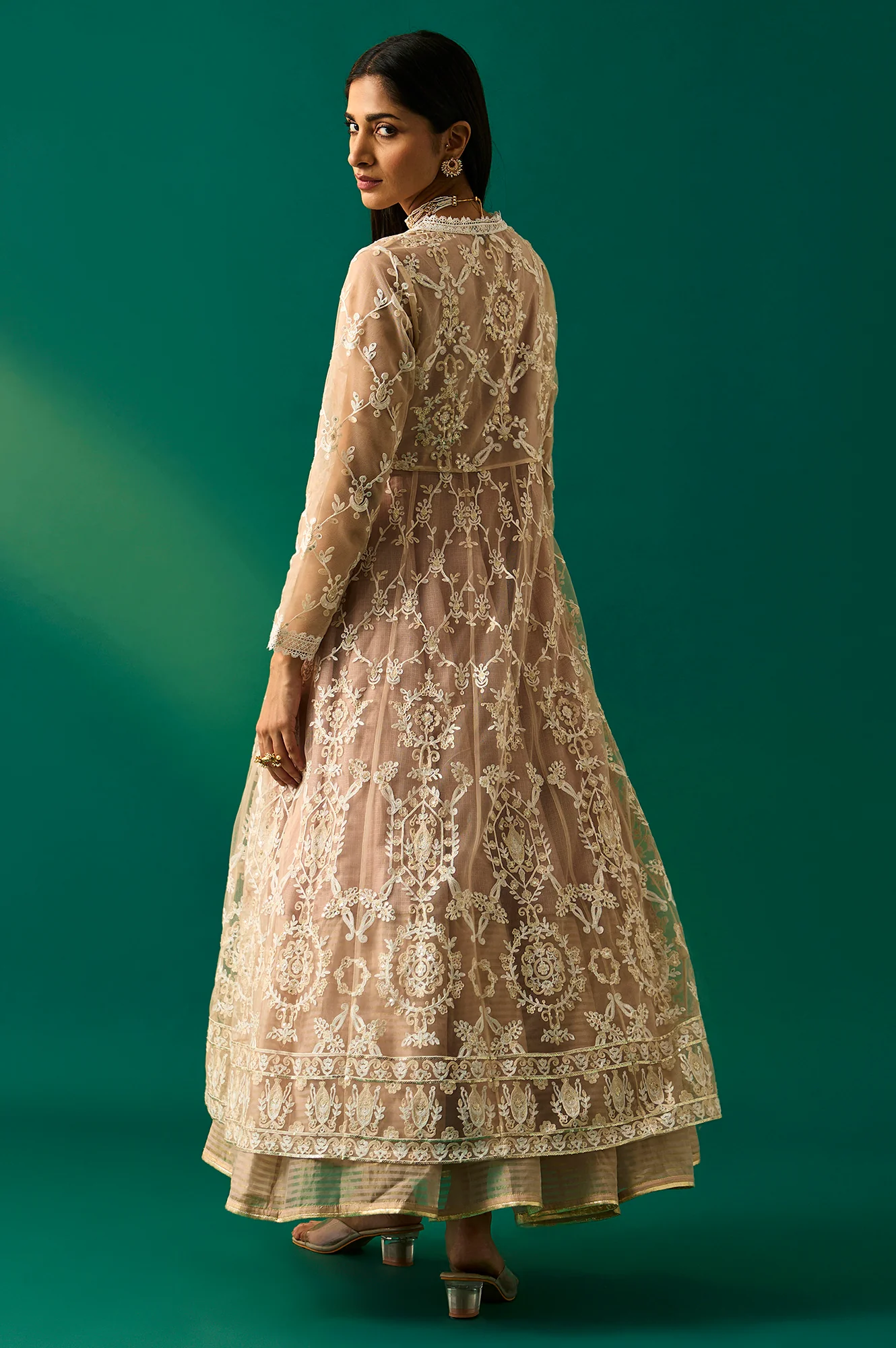 Old Rose Sequin Embroidered Mesh Jacket and Dress Set - Image 5