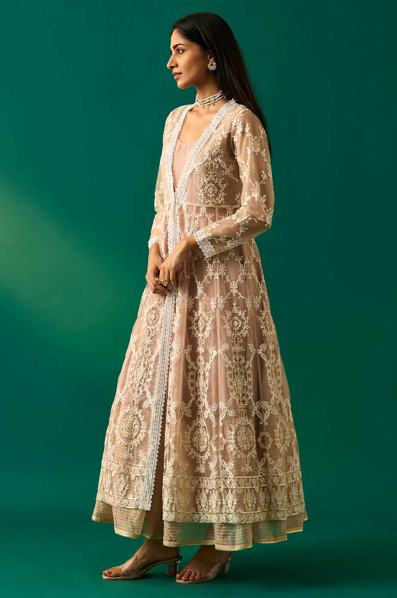 Old Rose Sequin Embroidered Mesh Jacket and Dress Set - Image 6