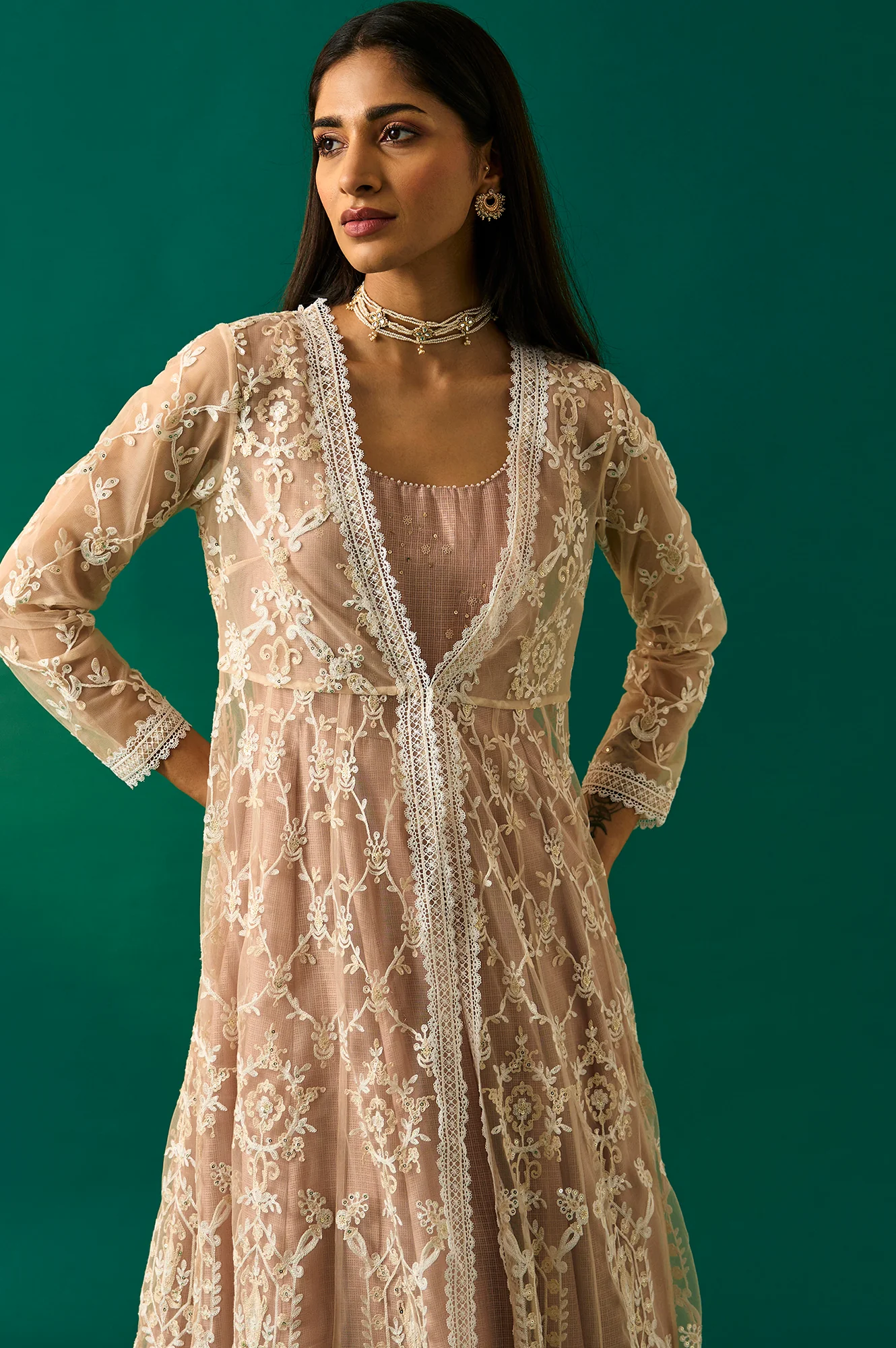 Old Rose Sequin Embroidered Mesh Jacket and Dress Set - Image 7