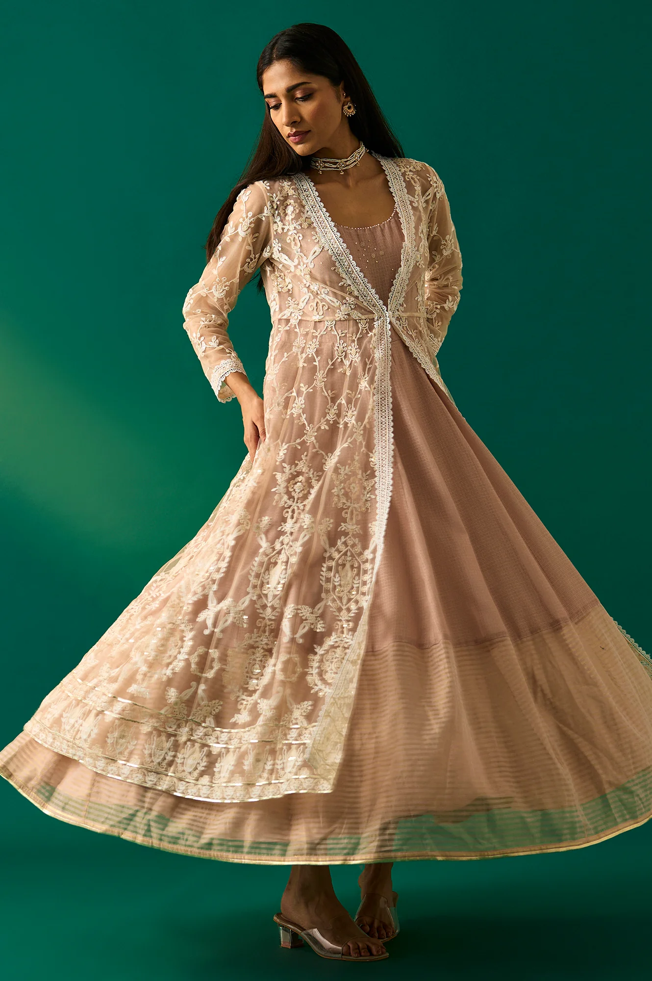 Old Rose Sequin Embroidered Mesh Jacket and Dress Set - Image 8