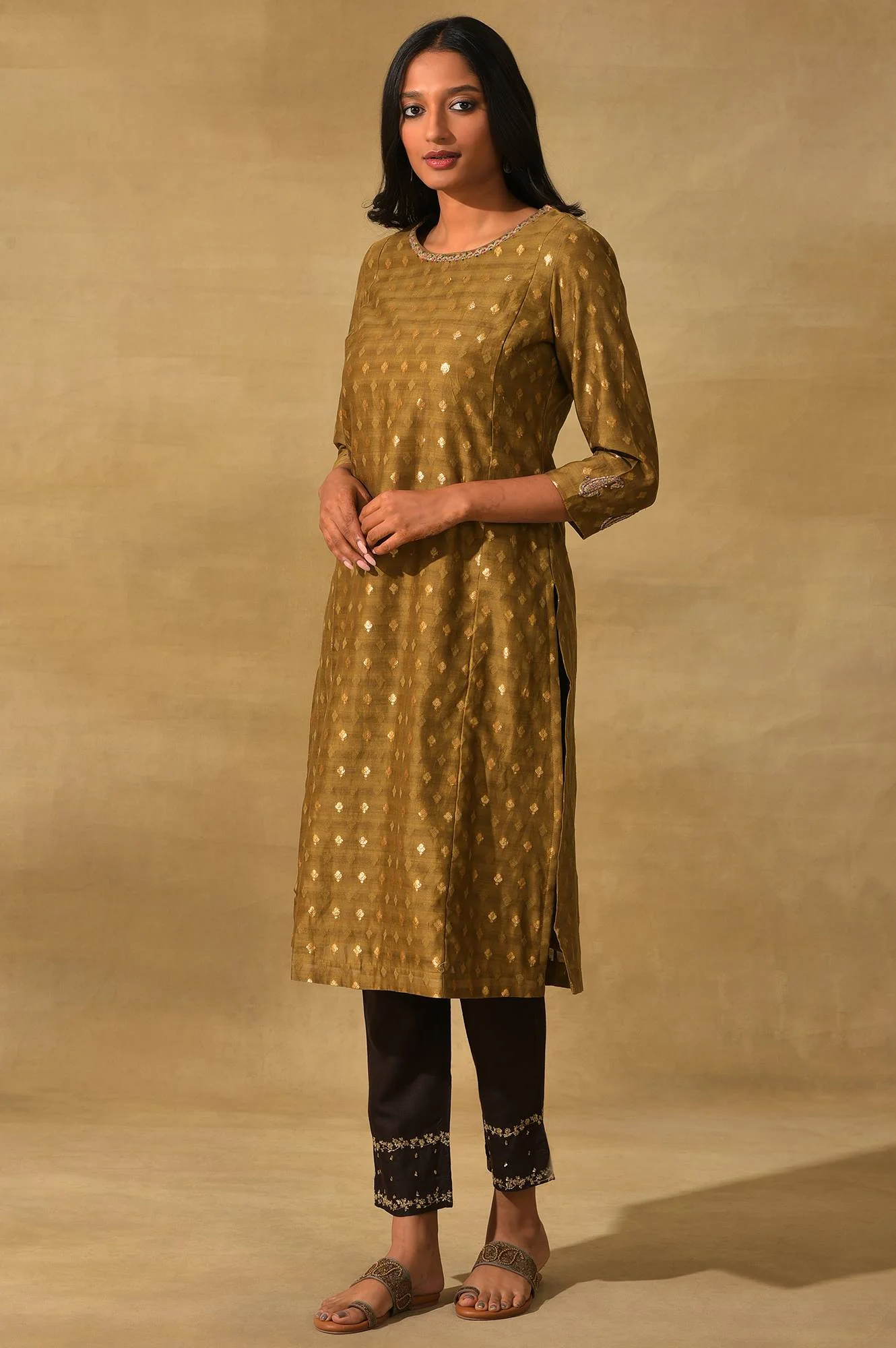 Olive Cotton Silk Jacquard kurta - Image 3