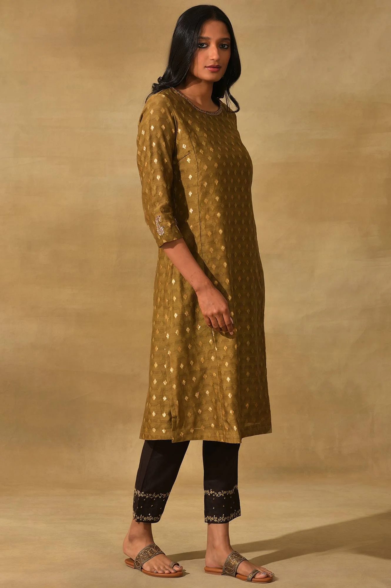 Olive Cotton Silk Jacquard kurta - Image 4