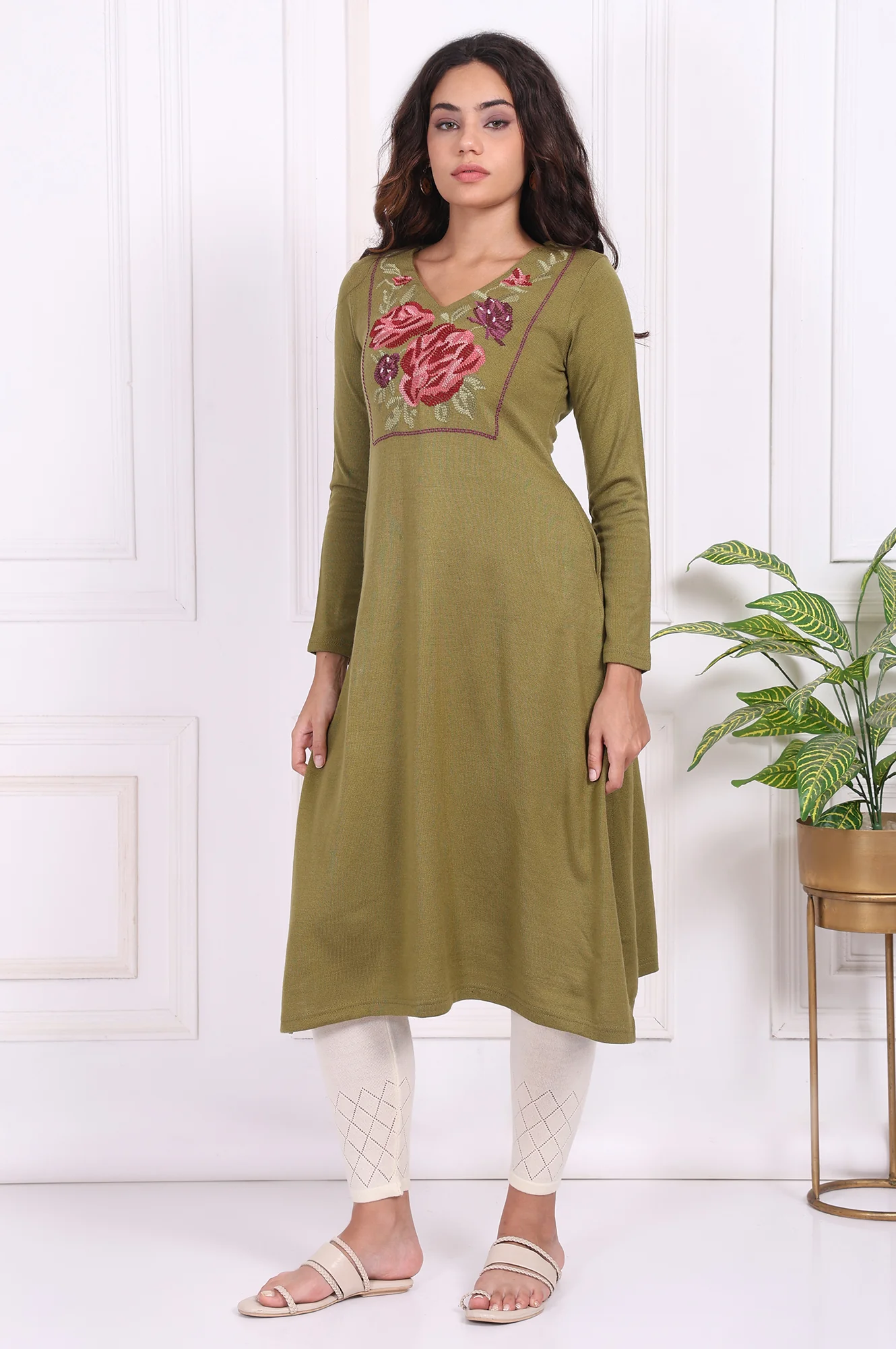Olive Embroidered Floral Straight Acrylic Kurta - Image 3