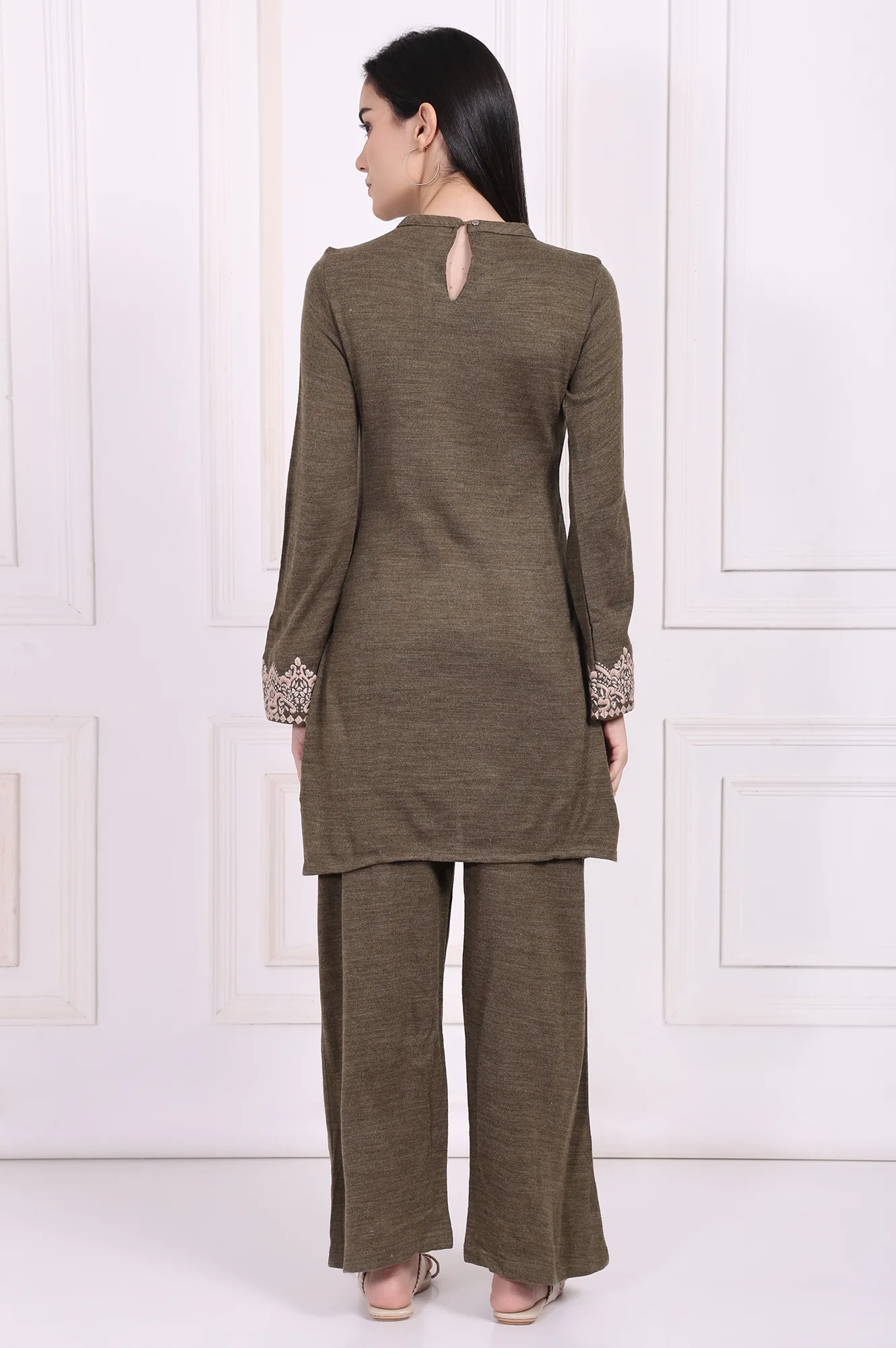 Olive Embroidered Straight Acrylic Kurta with Parallel Pant Set - Image 5