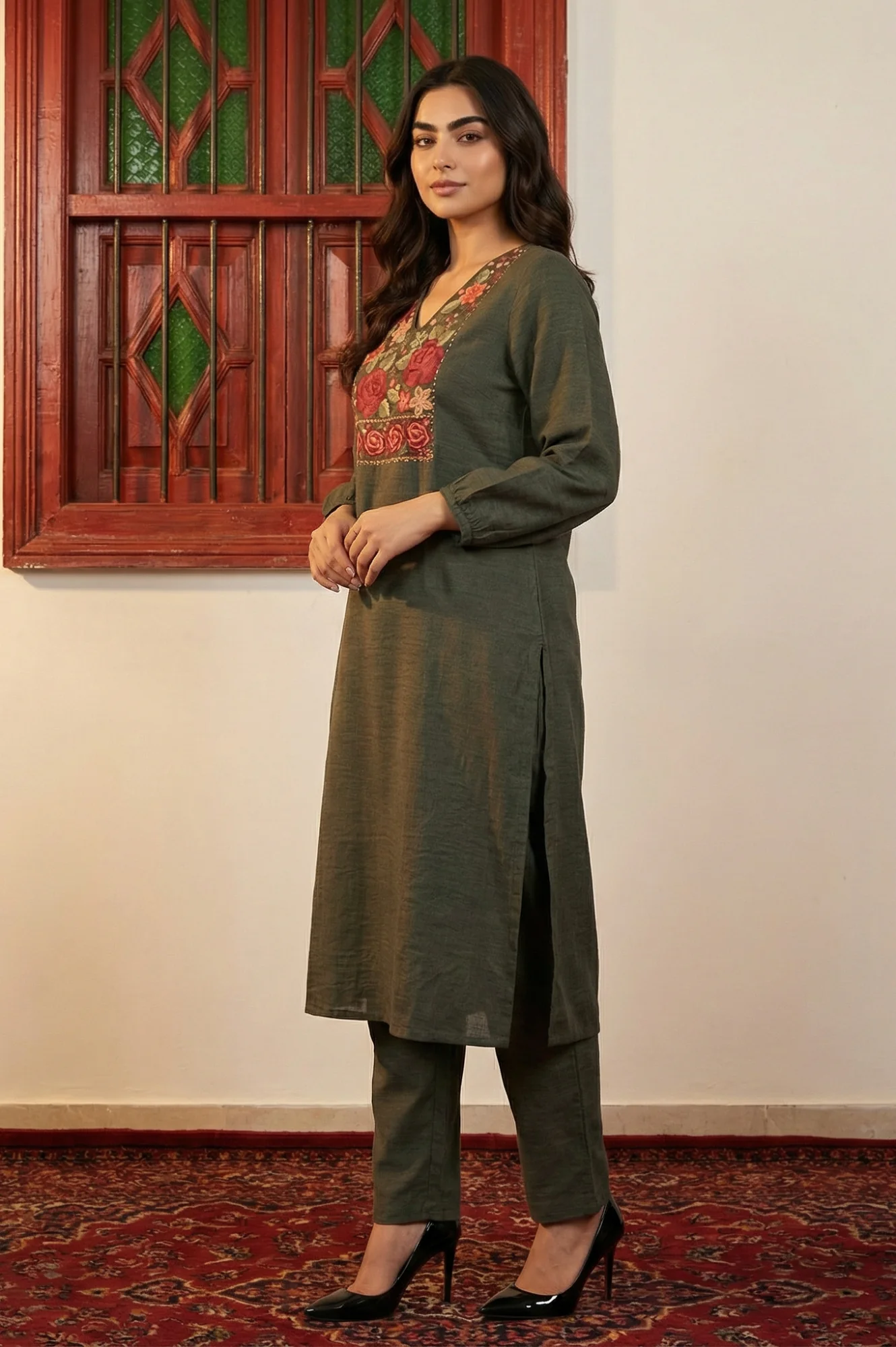 Olive Thread Embroidered Straight Winter Kurta with Pants and Dupatta Set - Image 3