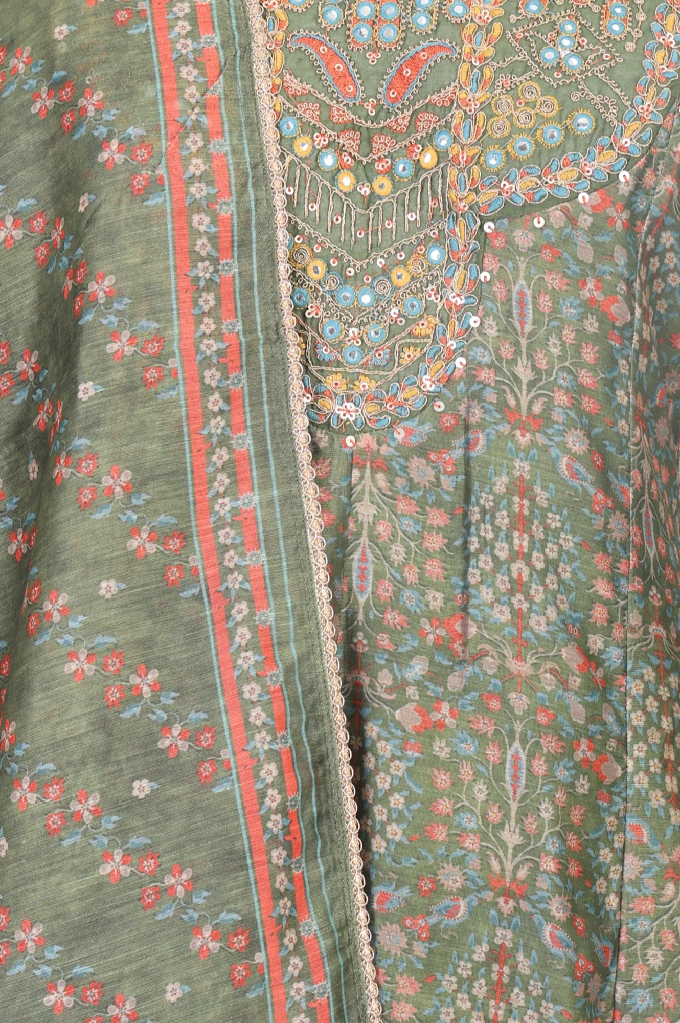 Olive Floral Printed Mirror Work Chanderi A-line Kurta with Straight Pants and Dupatta Set - Image 2