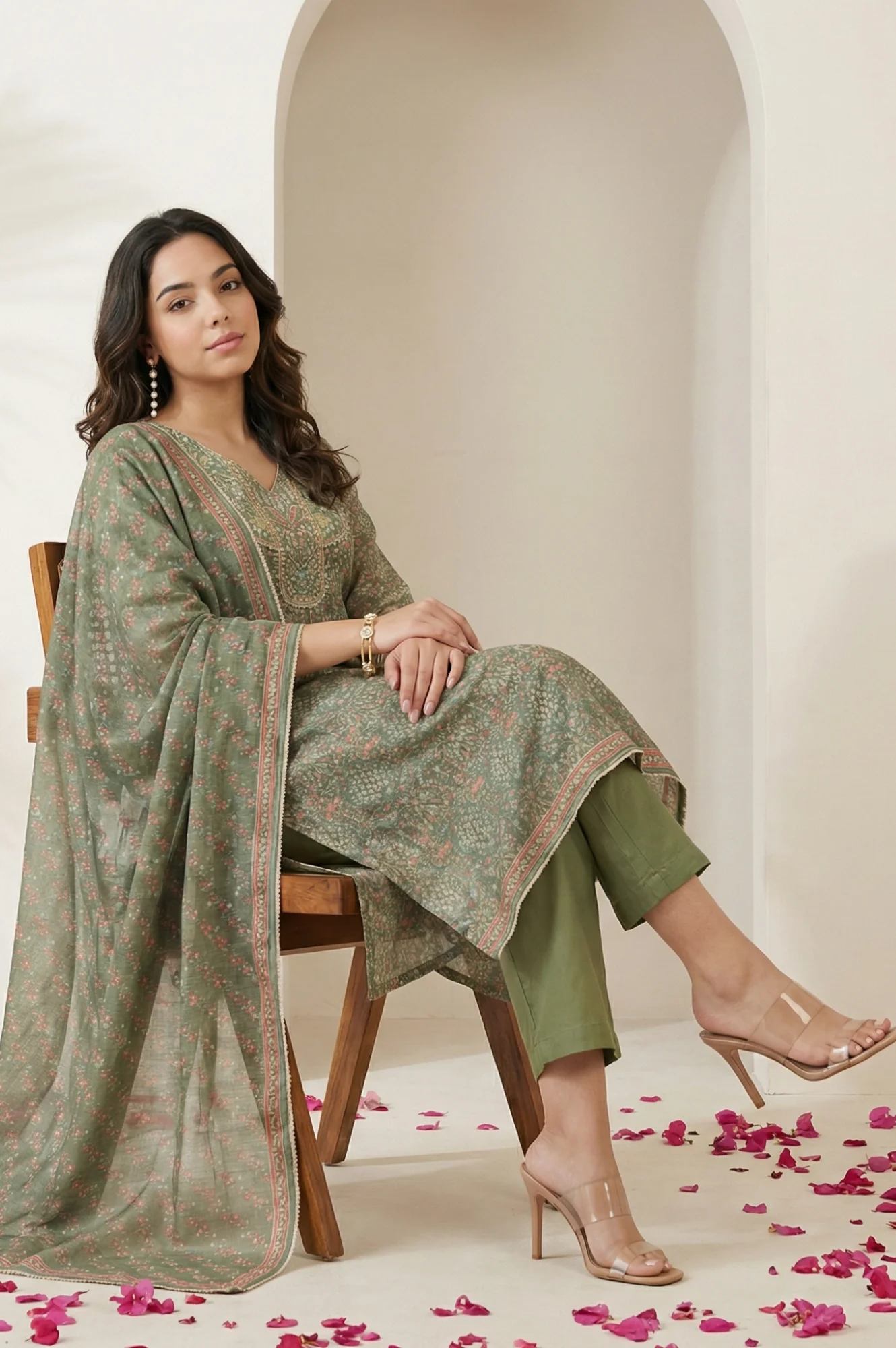 Olive Floral Printed Mirror Work Chanderi A-line Kurta with Straight Pants and Dupatta Set - Image 3