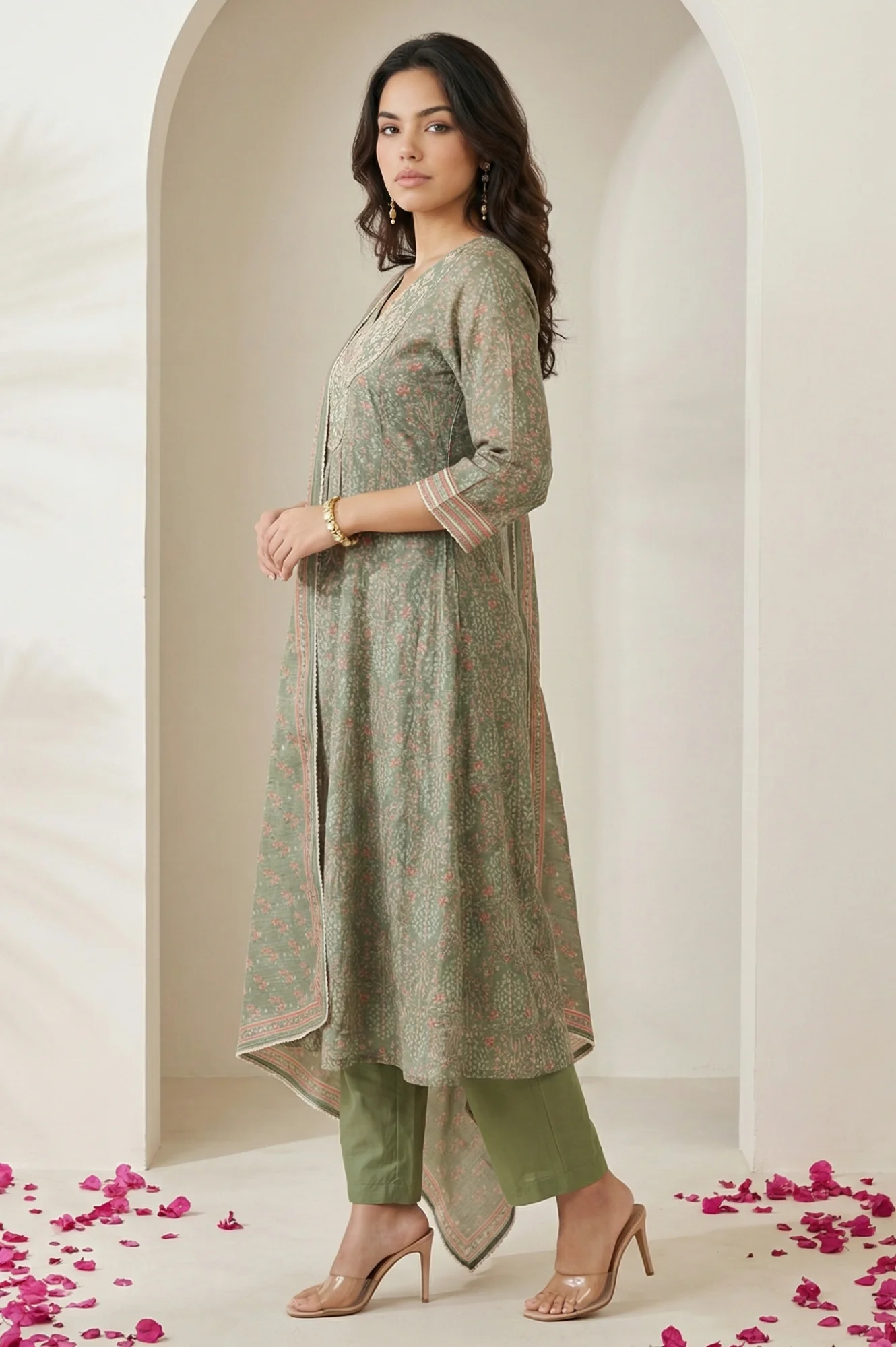 Olive Floral Printed Mirror Work Chanderi A-line Kurta with Straight Pants and Dupatta Set - Image 4