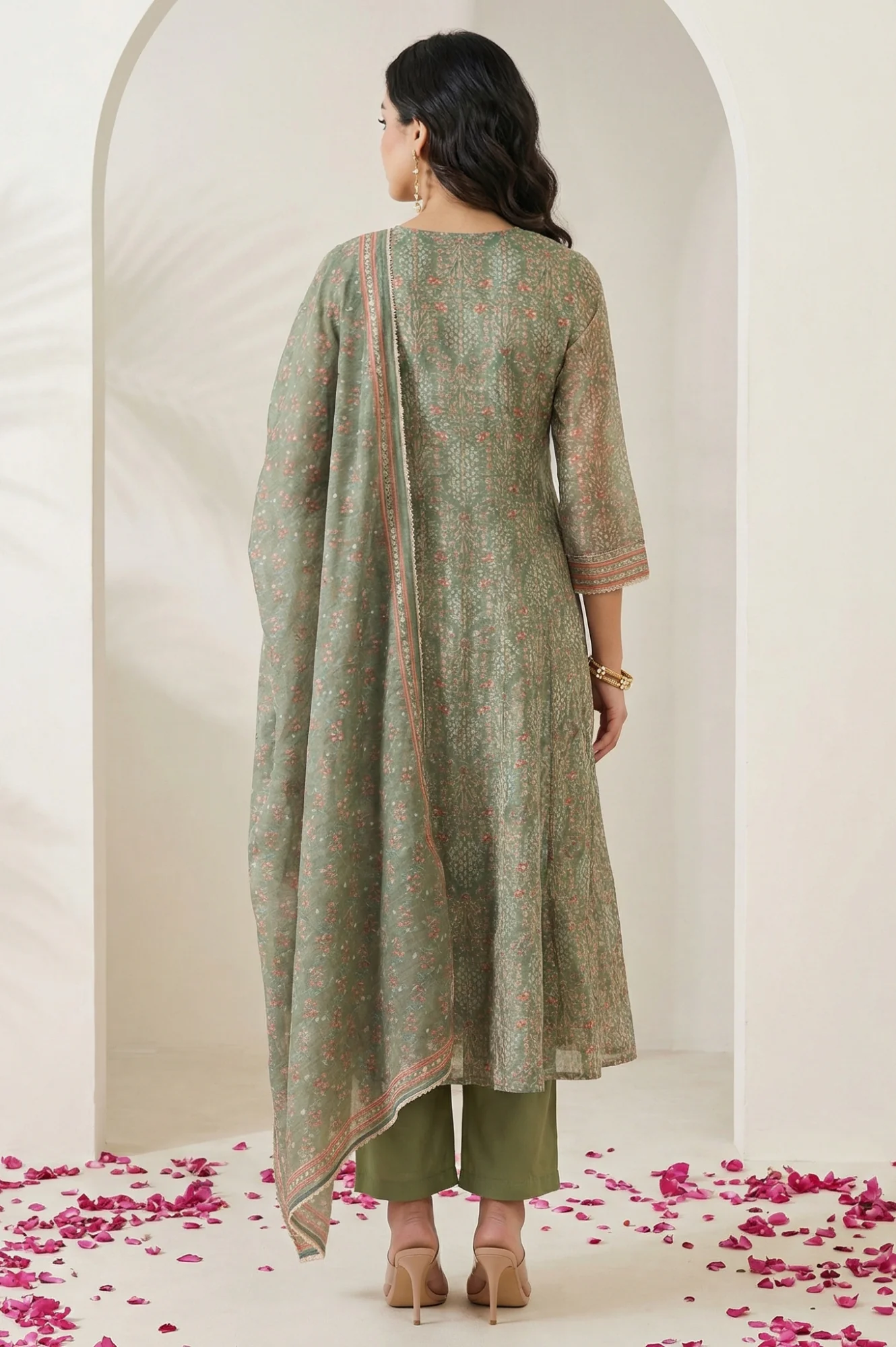 Olive Floral Printed Mirror Work Chanderi A-line Kurta with Straight Pants and Dupatta Set - Image 5