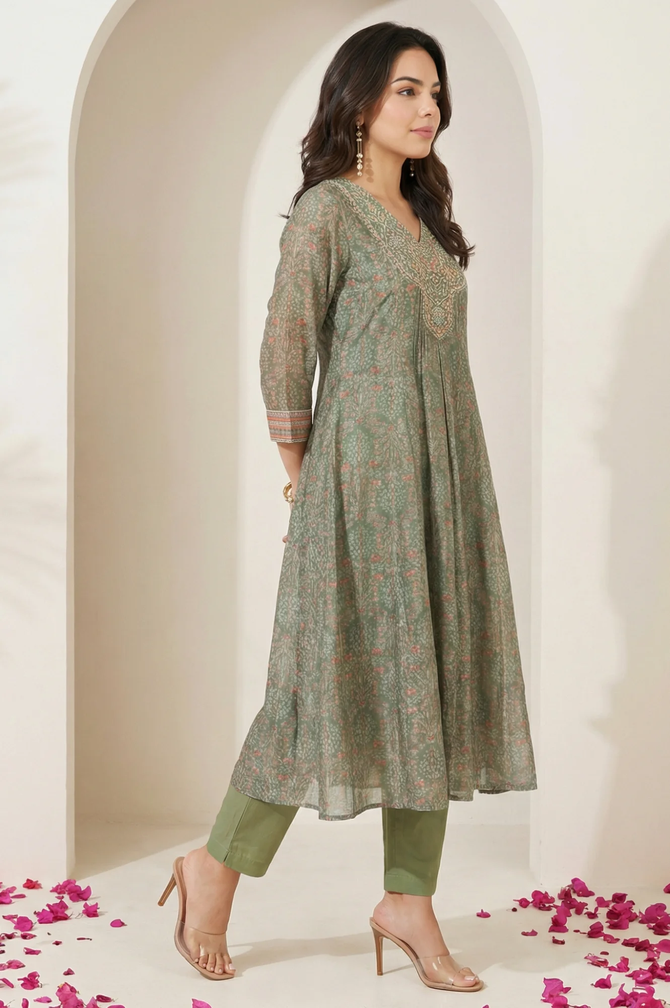 Olive Floral Printed Mirror Work Chanderi A-line Kurta with Straight Pants and Dupatta Set - Image 6