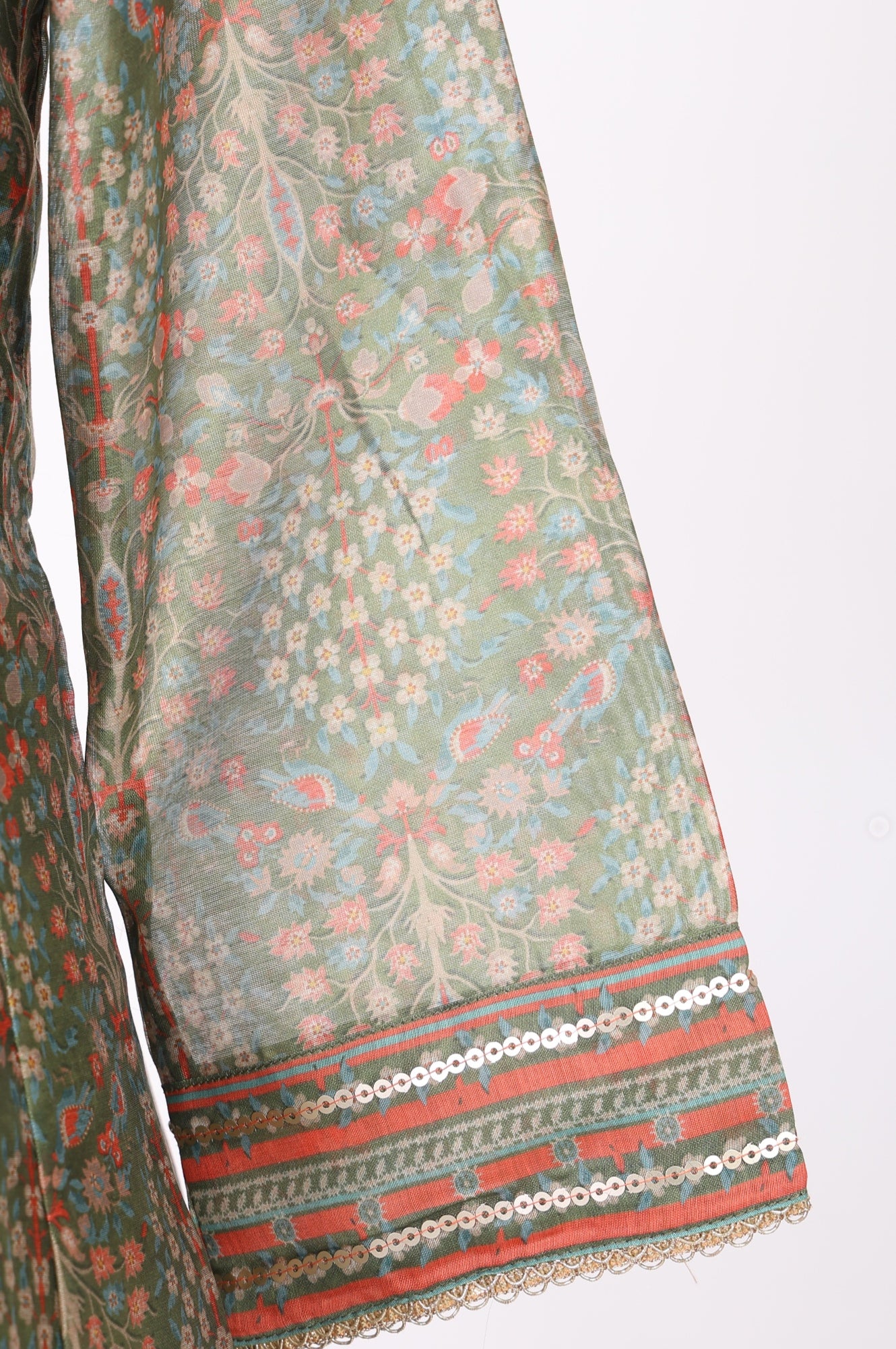 Olive Floral Printed Mirror Work Chanderi A-line Kurta with Straight Pants and Dupatta Set - Image 8