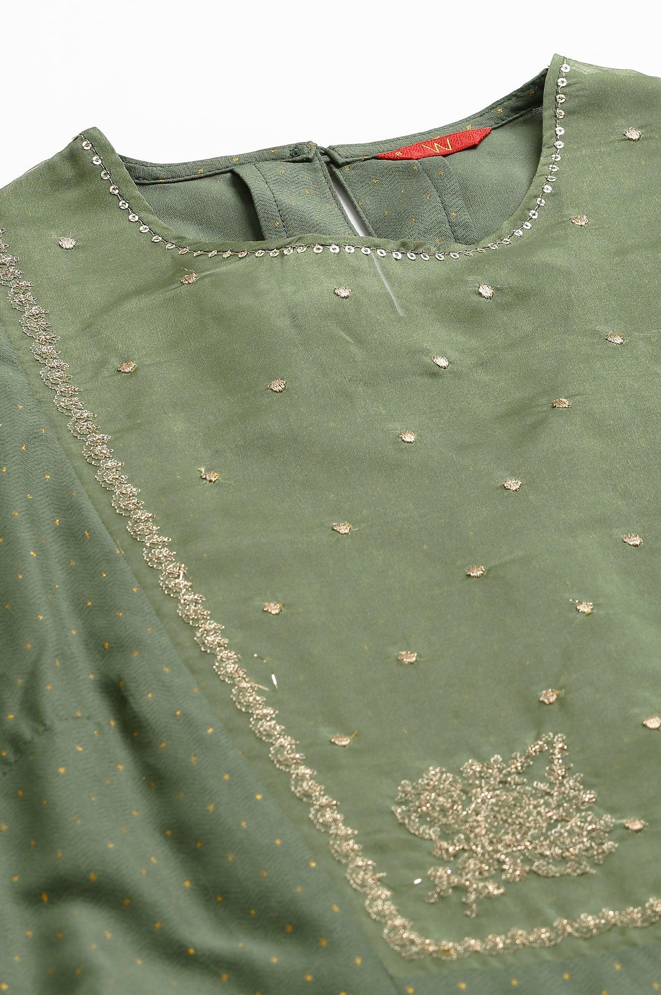 Olive Green A-Line Embroidered kurta With Sequins - Image 2